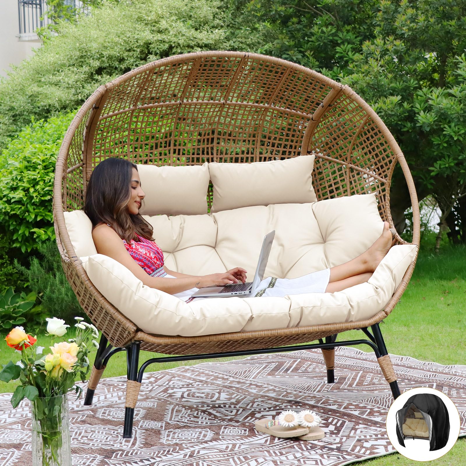 Double Egg Chair for Indoor/Outdoor, 2-Person Oversized Loveseat with Thick Cushions & Cover, 680 lbs Patio Lounge Chair, Beige