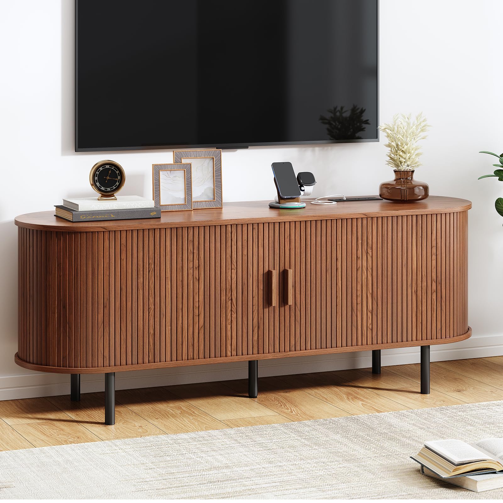 Mid-Century Modern TV Stand with Power Outlet, Media Console with Sliding Doors & Adjustable Shelves, Entertainment Center for TVs up to 60", Walnut