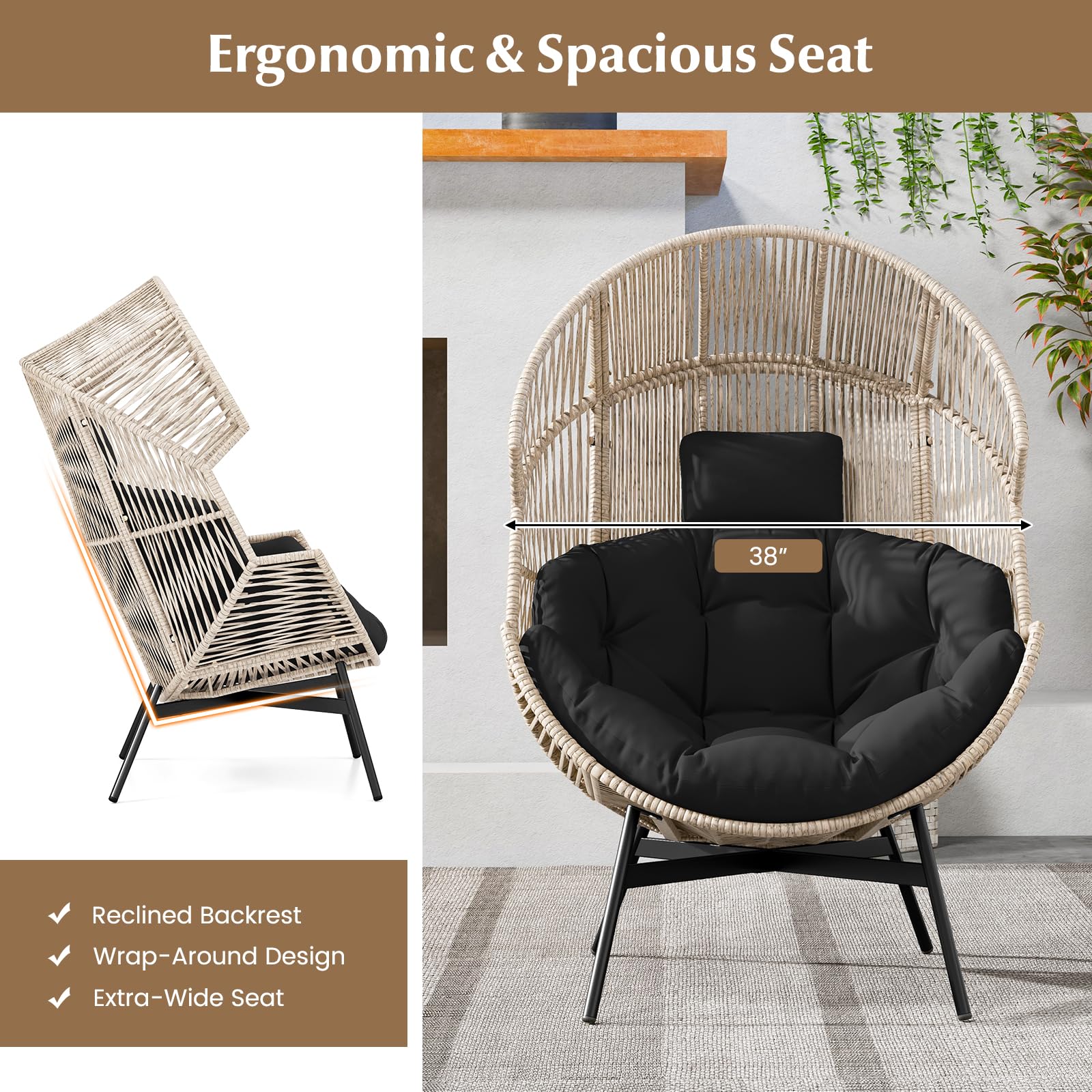 Oversized Wicker Egg Chair with Cushions & Headrest, Stationary Patio Basket Lounge Chair, Heavy-Duty Frame for Porch, Yard, Living Room