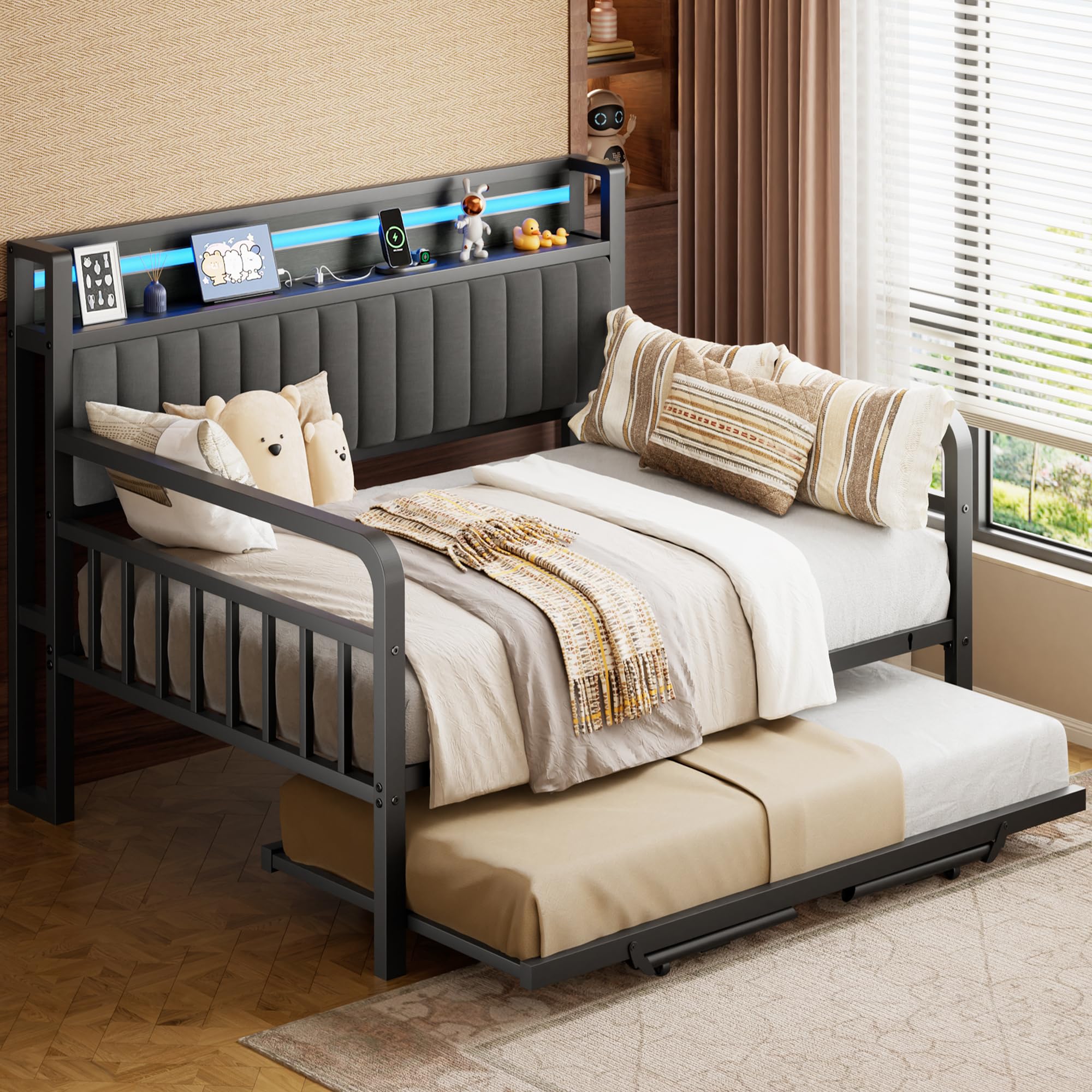 Full Daybed with Pop-Up Trundle, LED Light, Upholstered Storage Headboard & Charging Station, Heavy-Duty Metal Frame, Black
