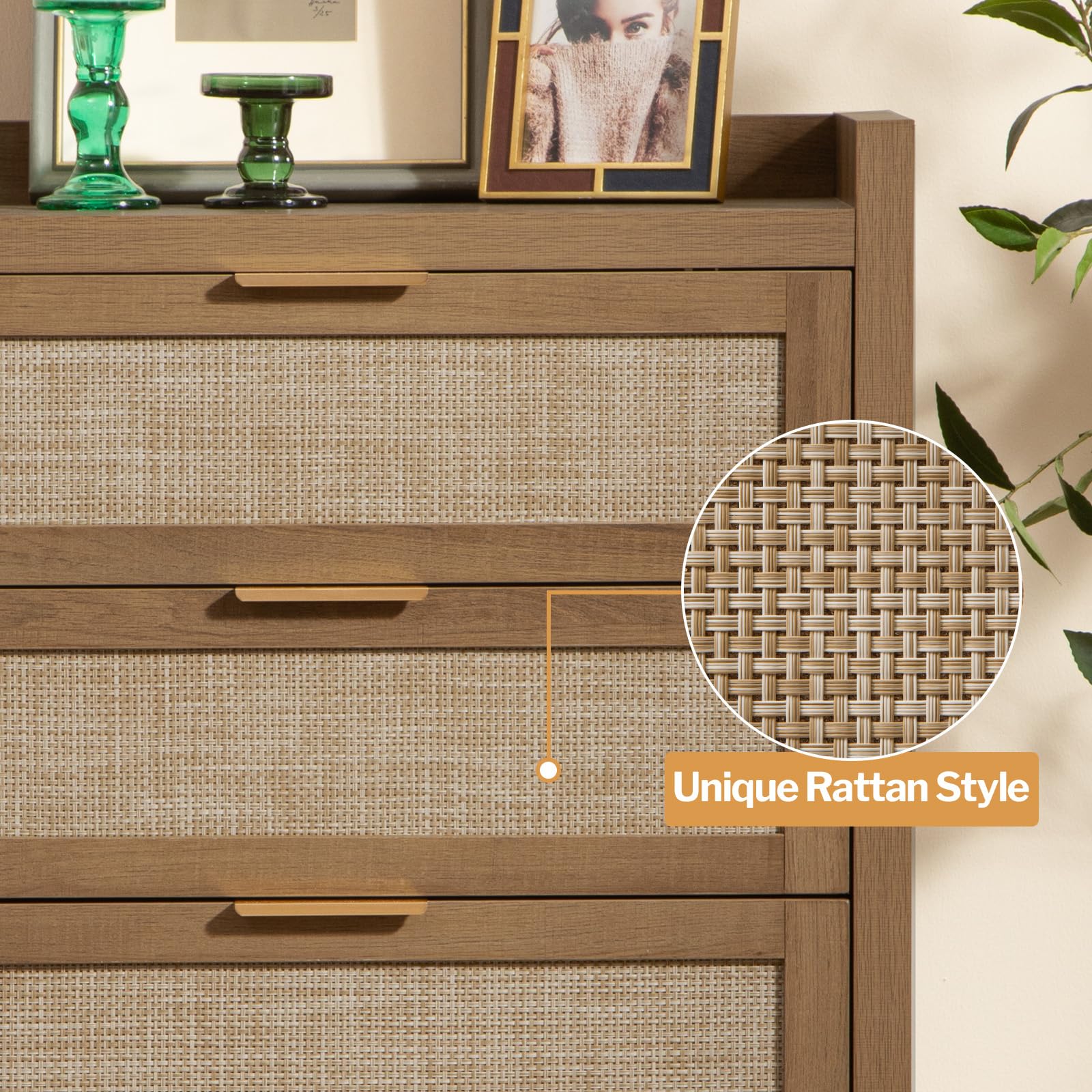 38" Tall Dresser for Bedroom, Boho Chest with 4 Rattan Drawers, Large Clothes Storage Cabinet for Closet, Entryway, Nursery, Living Room