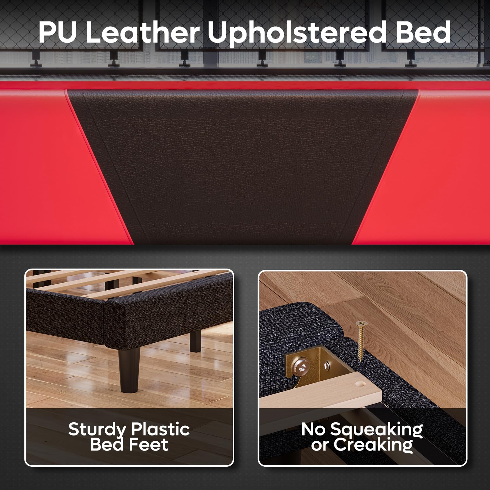 Full Size LED Bed Frame with Adjustable Headboard, Faux Leather Gaming Bed with Storage Shelf, Noise-Free Slats, Black-Red
