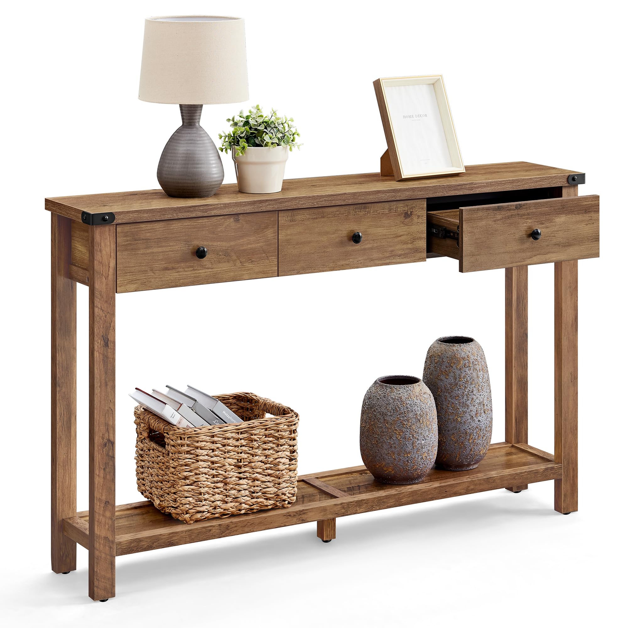 Console Sofa Table, Narrow Entryway Table with 3 Drawers, Open Storage Shelf, Metal Corners, for Living Room, Farmhouse Style, Honey Brown ULNT142K41