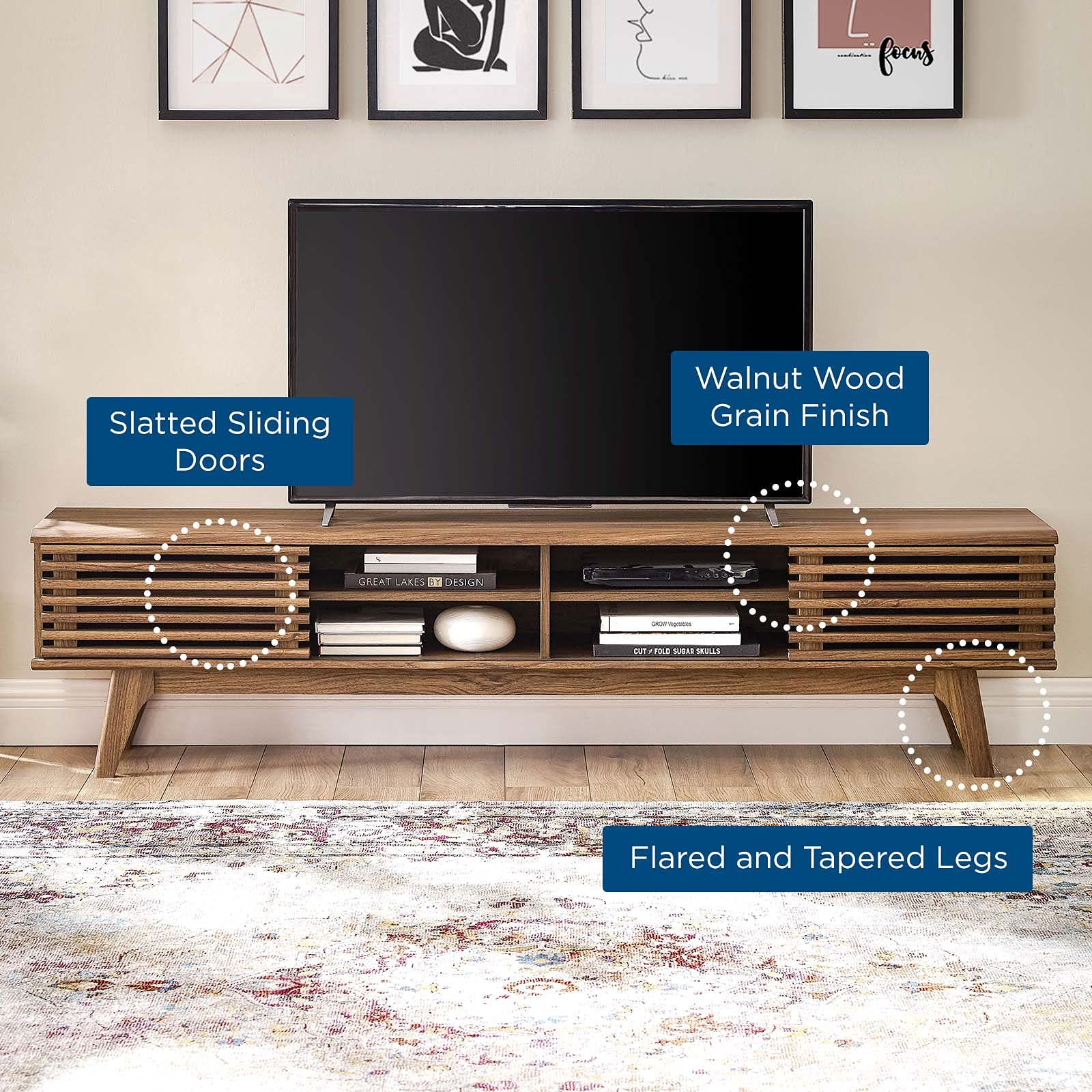 Render 70" Mid-Century Modern Low Profile Media Console TV Stand, 70 Inch, Walnut Walnut