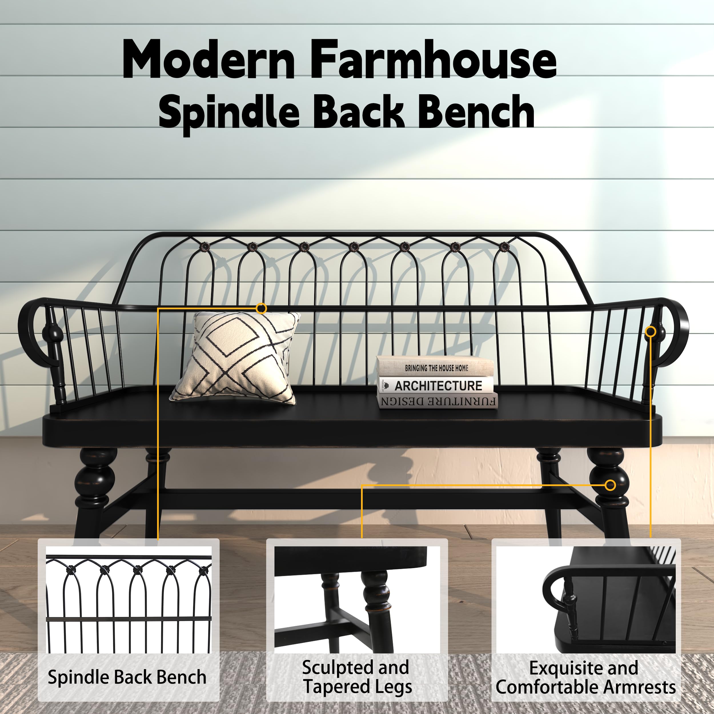 Entryway Bench,Spindle Back Wooden Dinning Bench, Farmhouse Foyer Bench for Entryway, Living Room, Dinning Room, Mudroom