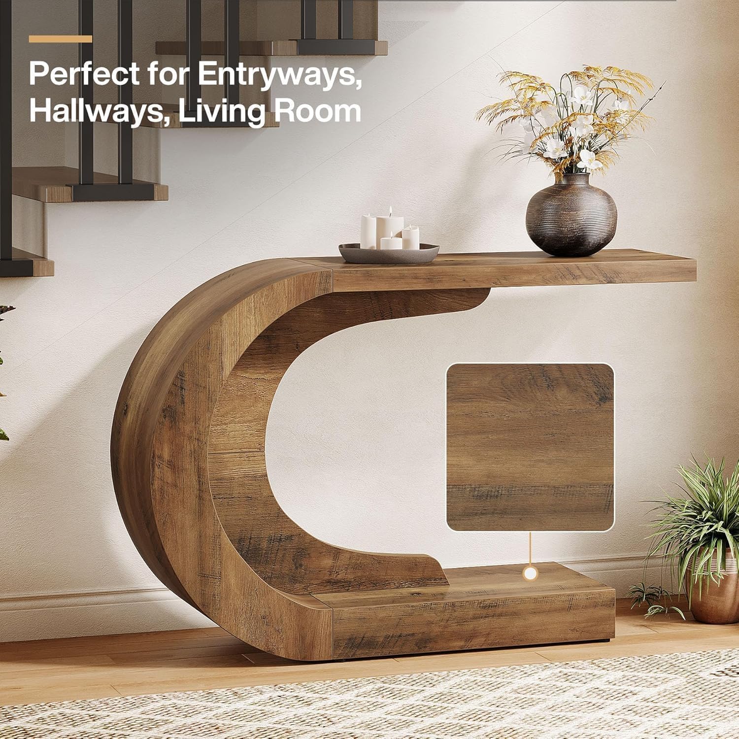 43.3" Mid-Century Modern Console Table for Entryway, Wood C-Shaped Hallway Entry Accent Table for Living Room, Entrance, Foyer, Easy Assembly, Brown