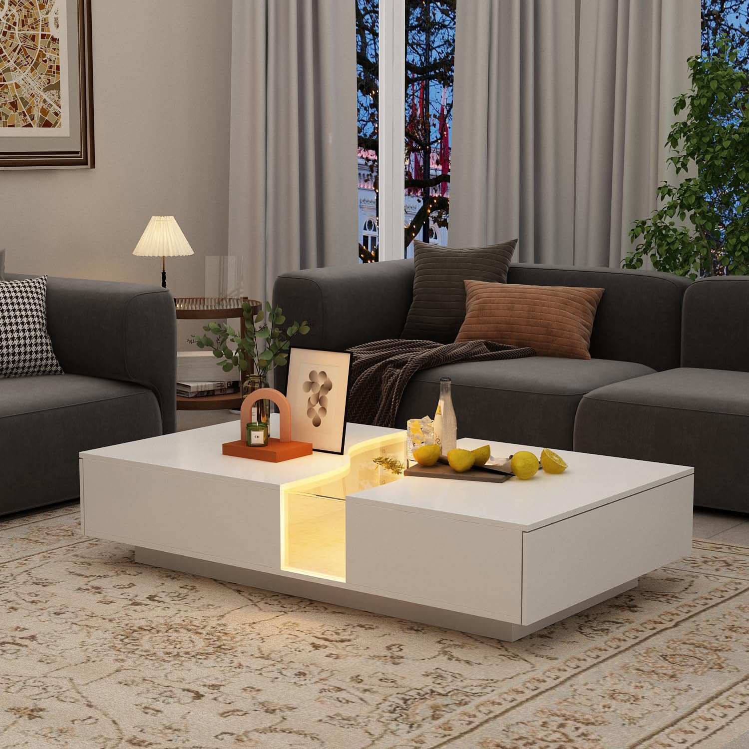 Modern LED Coffee Table with Remote, 2 Drawers & Tempered Glass Top, 55.1" White Rectangle Center Table for Living Room & Reception