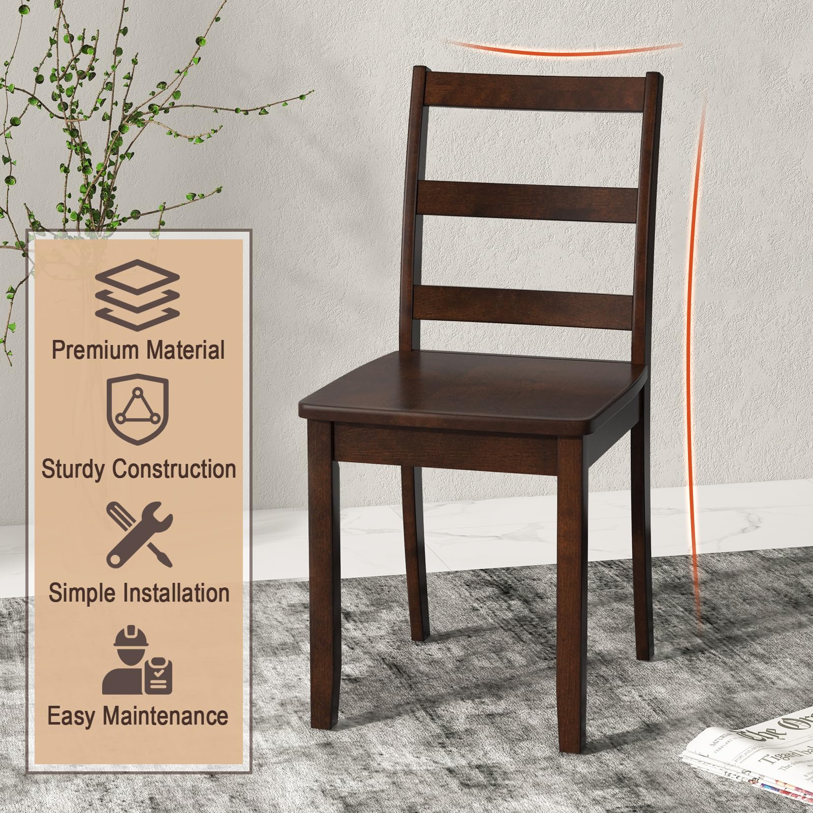 Wood Dining Chairs Set of 4 Walnut- Wooden Armless Kitchen Chairs with Solid Rubber Wood Legs, Non-Slip Foot Pads, Max Load 400 Lbs