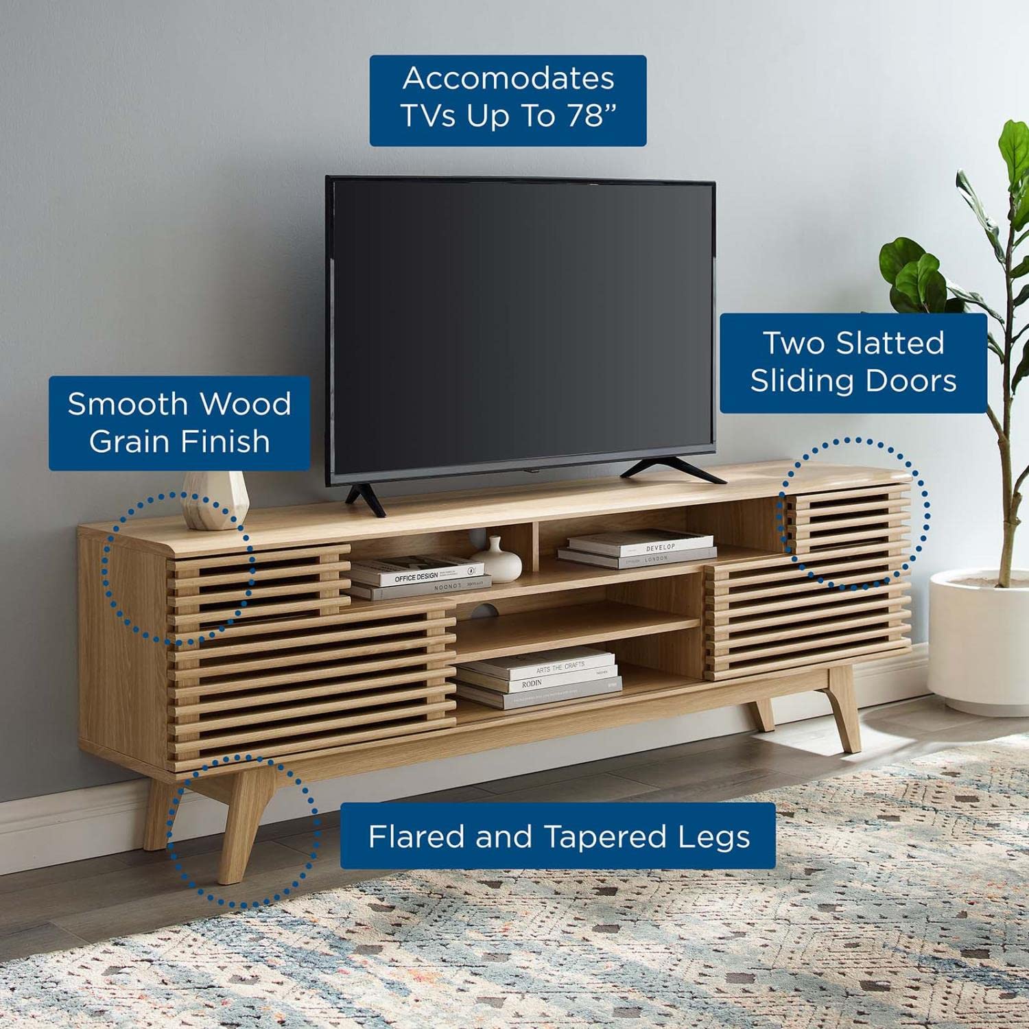 Render Mid-Century Modern Low Profile 71 Inch Media Console TV Stand in Oak, 71