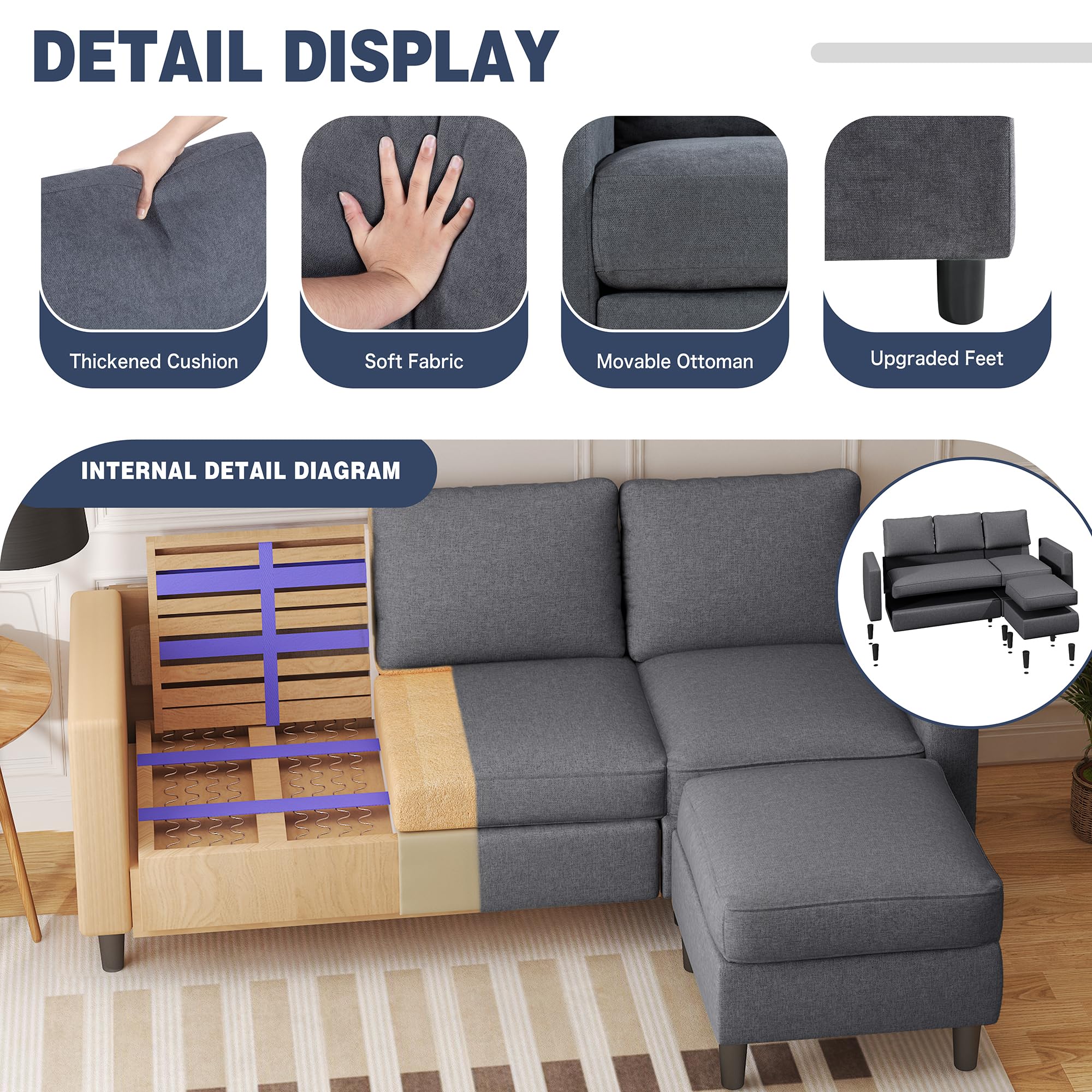 Small Sectional Couch, 3-Seat L-Shaped Sofa with Ottoman, Convertible Fabric Upholstered Sofa for Apartment, Living Room, Office, Dark Grey