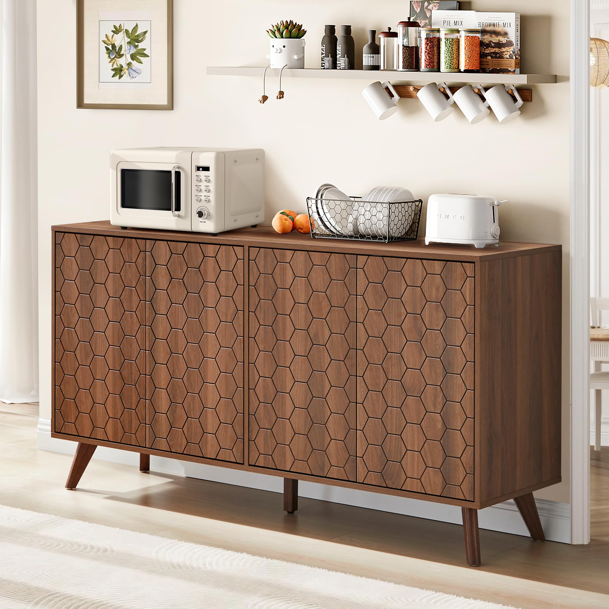 58'' Large Sideboard Buffet Cabinet with Storage, Mid Century Modern Storage Cabinet with 4 Doors & Shelves, Wooden Credenza Coffee Bar TV