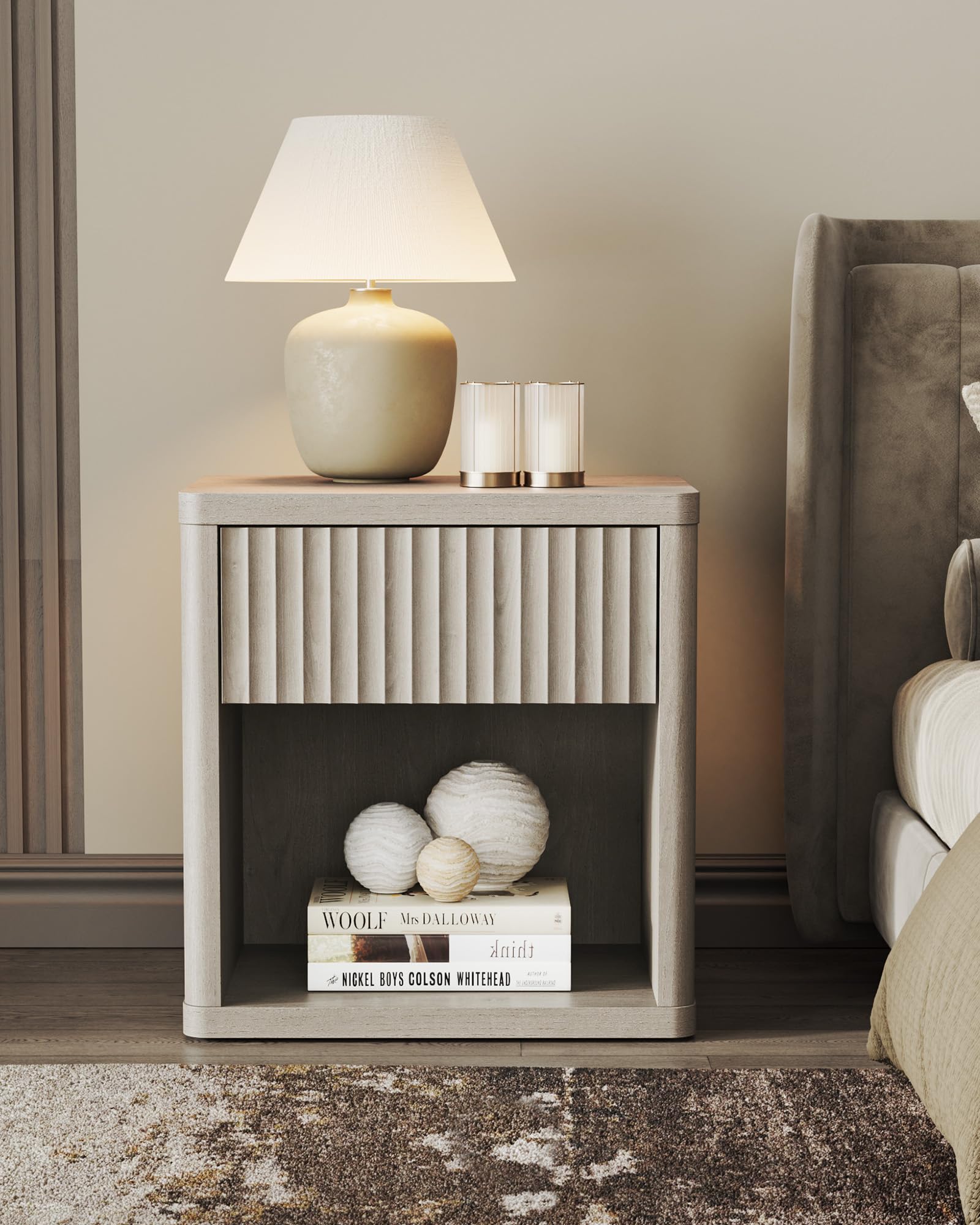 Set of 2 Modern Nightstands with Drawer Storage, Fluted Bedside Tables, Wide Mid-Century End Tables for Bedroom, Living Room, White Alder