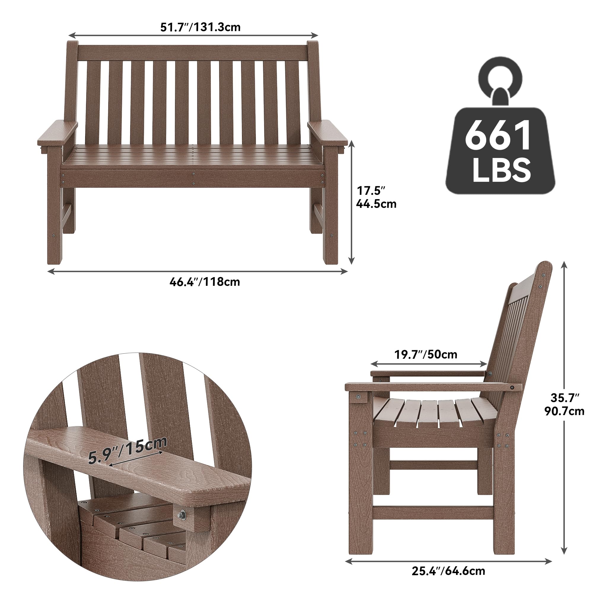 HDPE Garden Bench, All-Weather Outdoor Bench for 2-3 Persons, 661 lbs Capacity, Fade & Rot Resistant for Patio, Park, Porch, Brown