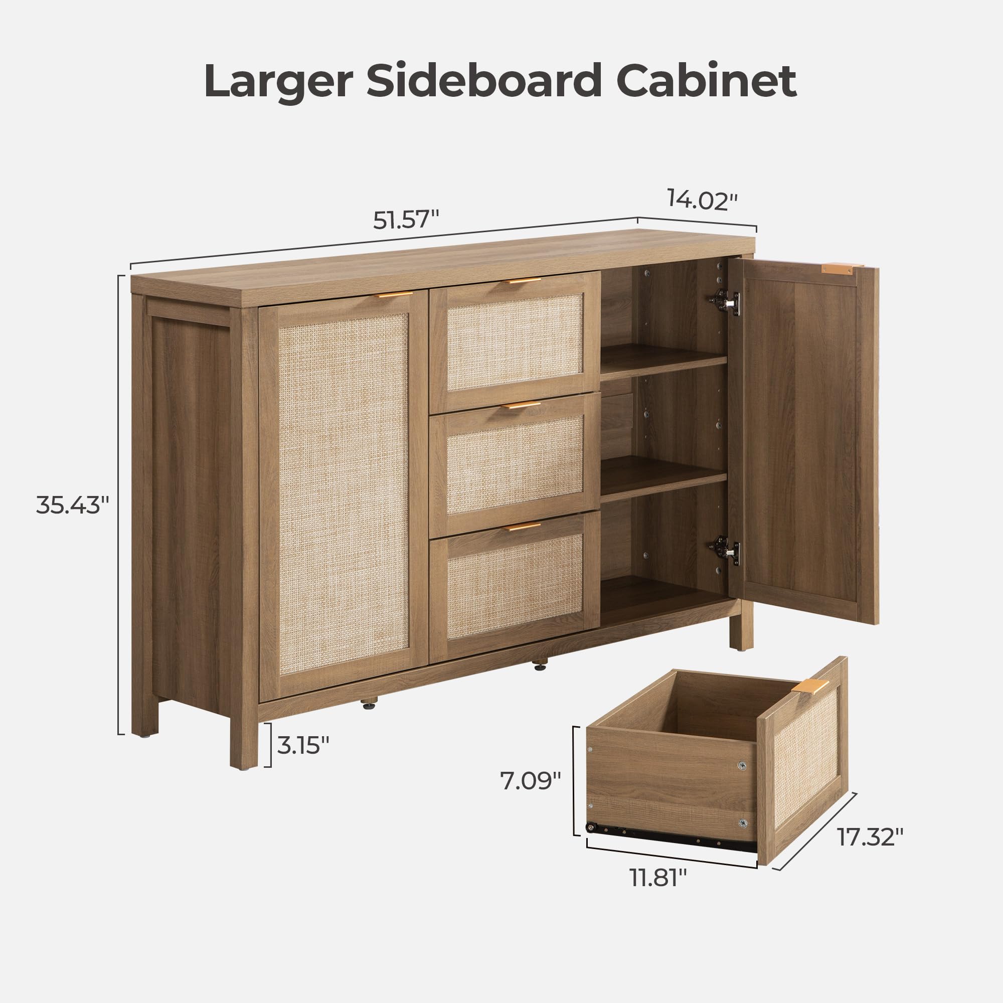 Rattan Sideboard Buffet Cabinet with Storage - 52" Larger Farmhouse Credenza Storage Coffee Bar Cabinet with 3 Drawers & 2 Doors, Boho