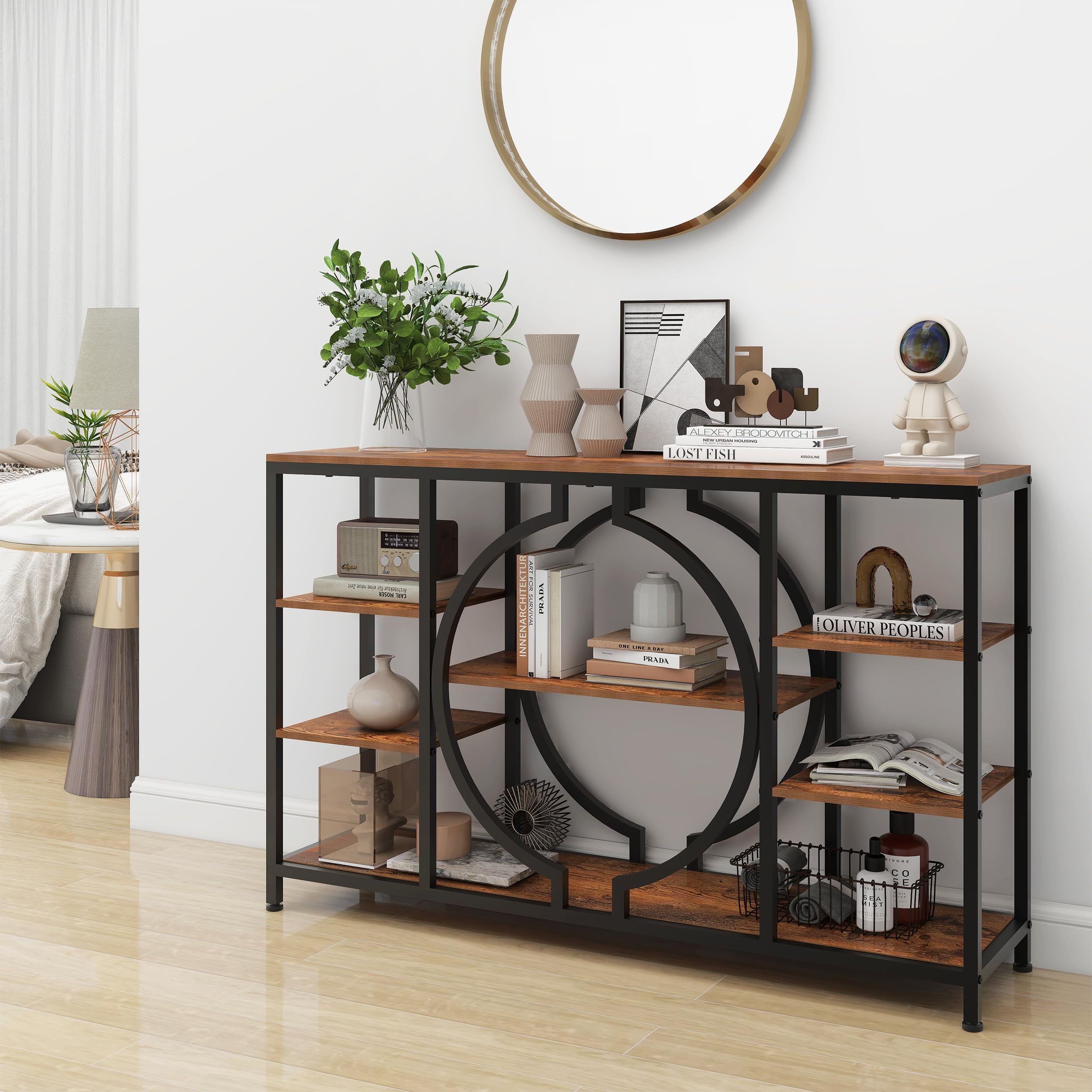 47" Industrial Console Table, 4-Tier Rustic Entryway Table with Storage, Wooden Sofa Table for Hallway, Foyer, Living Room, Rustic Brown