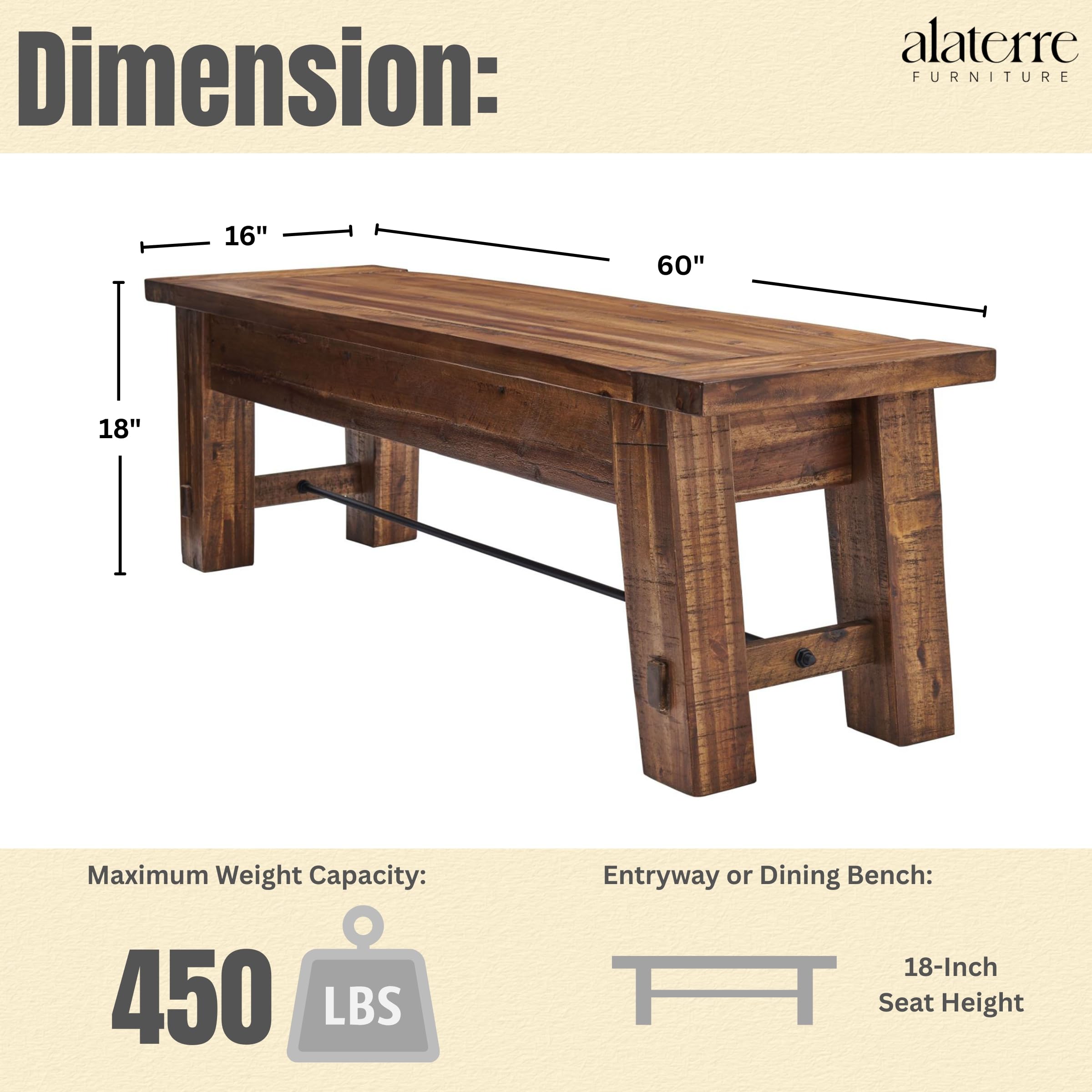 Durango 60" Rustic Farmhouse Wood Bench, Solid Wood Seat, Industrial Accent Furniture for Entryway, Dining Room, Hallway, by Alaterre