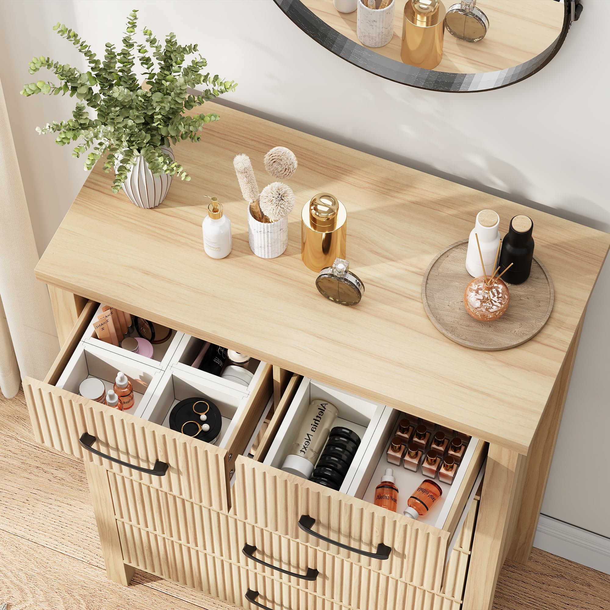 Fluted 6 Drawers Dresser for Bedroom, Tall Boho Chest of Drawers with Metal Handle, Wooden Closet Clothes Storage Organizer for Living Room, Hallway (Natural Oak)