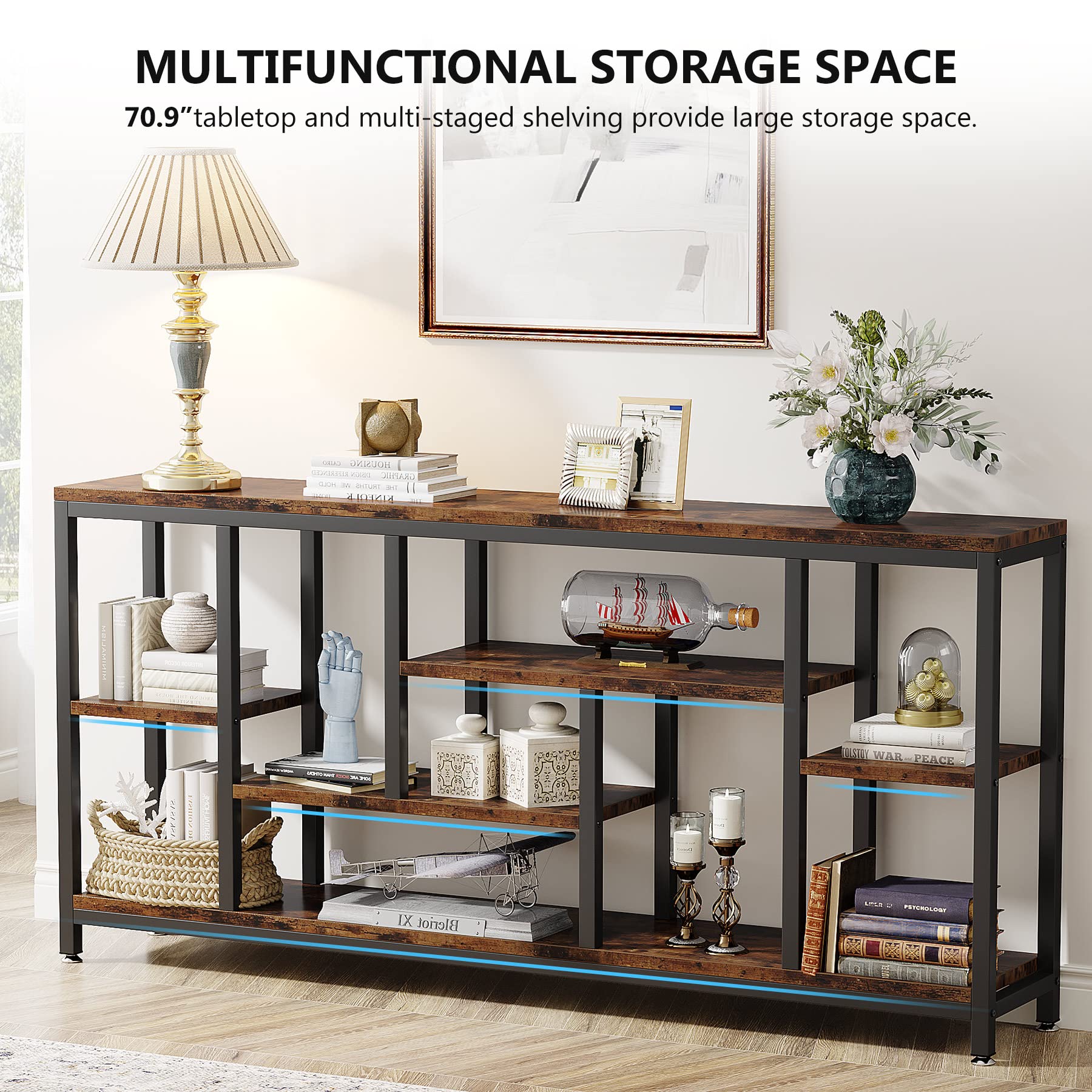 Console Sofa Table, 70.9 inch Extra Long Table Behind Couch with Storage Shelves, 3-Tier Industrial Narrow Entryway Hallway Accent Table for Living Room, Rustic Brown