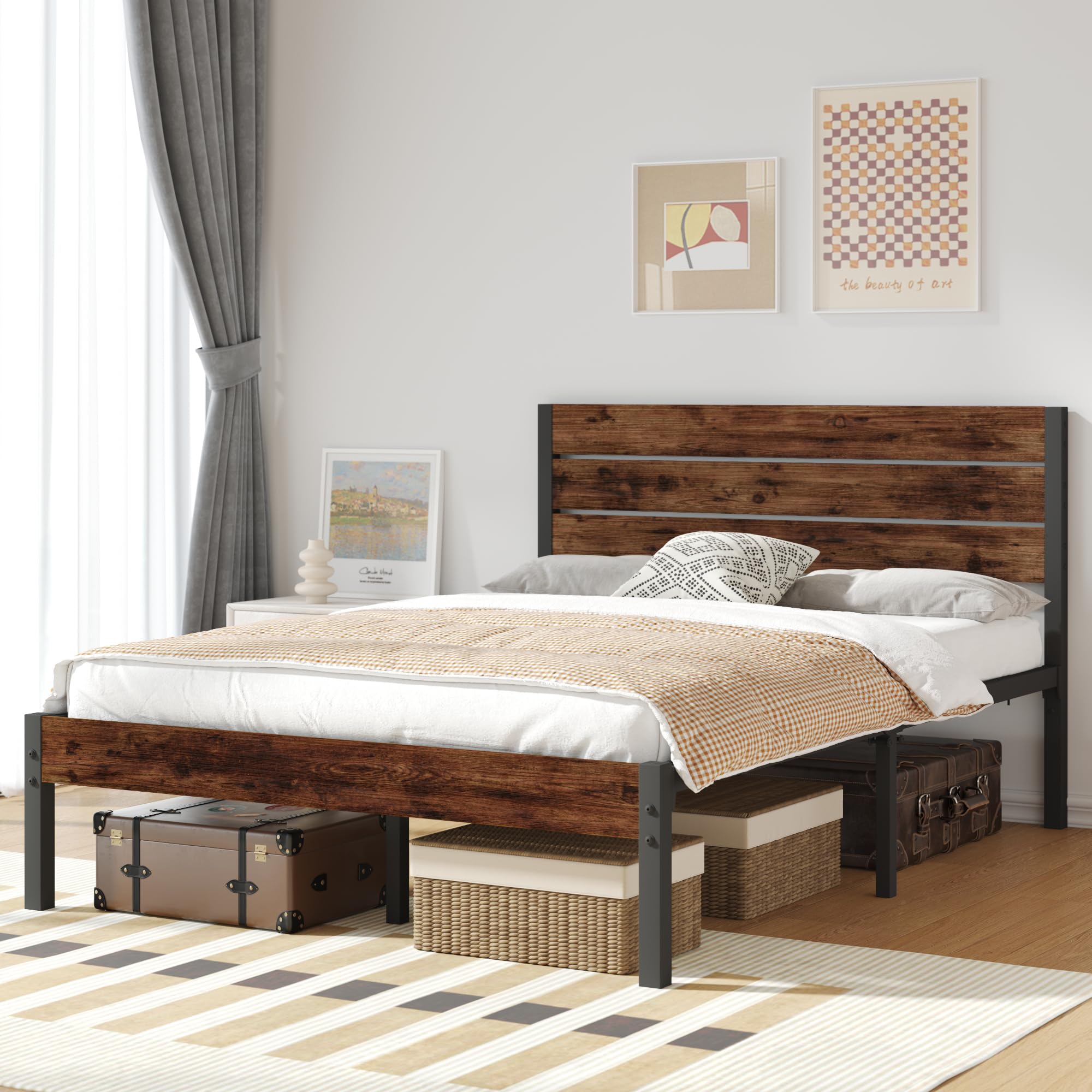 Full Bed Frame with Headboard and Footboard, Metal Full Bed Frame with Under Bed Storage, All-Metal Support System, , ,Rustic Brown