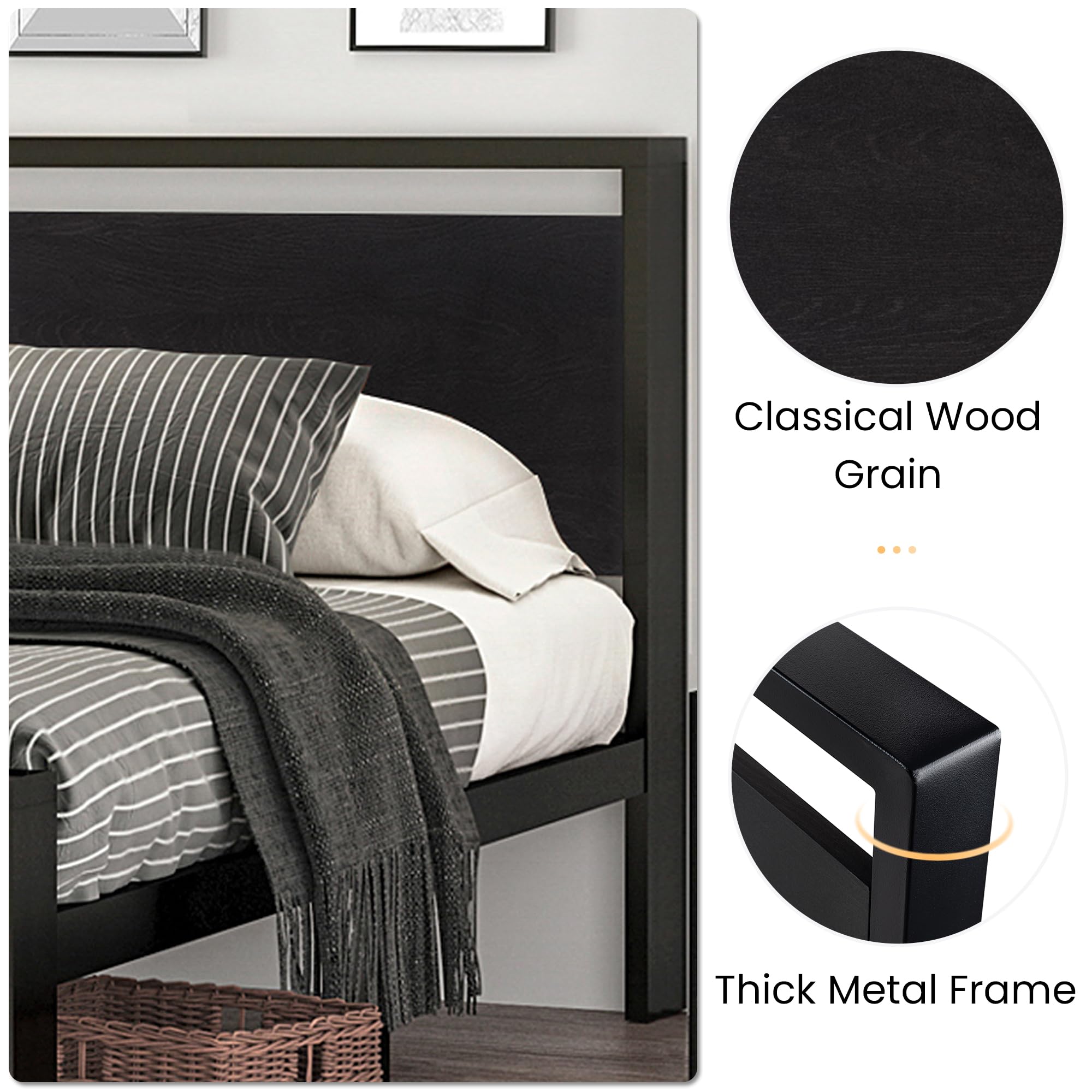 14 Inch Full Size Metal  with Wooden Headboard and Footboard, , , Large Under Bed Storage, Non-Slip Without Noise, Black Oak