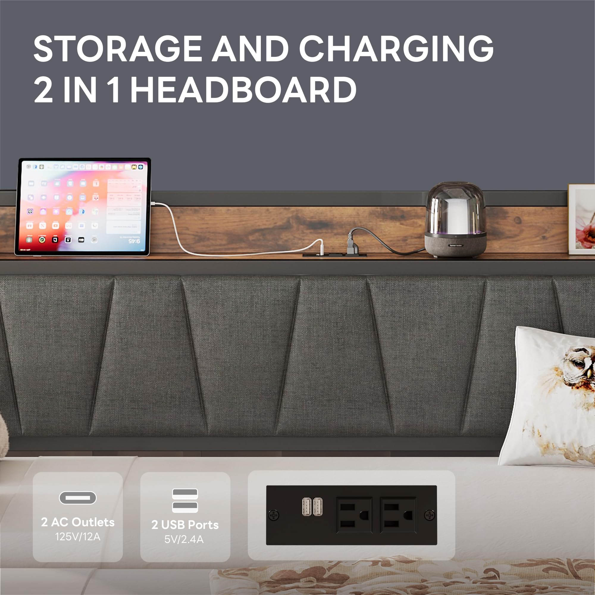 Twin Daybed with Trundle, Bed Frame with Storage Headboard & Charging Station, Sofa Bed for Bedroom, Guest Room, Grey