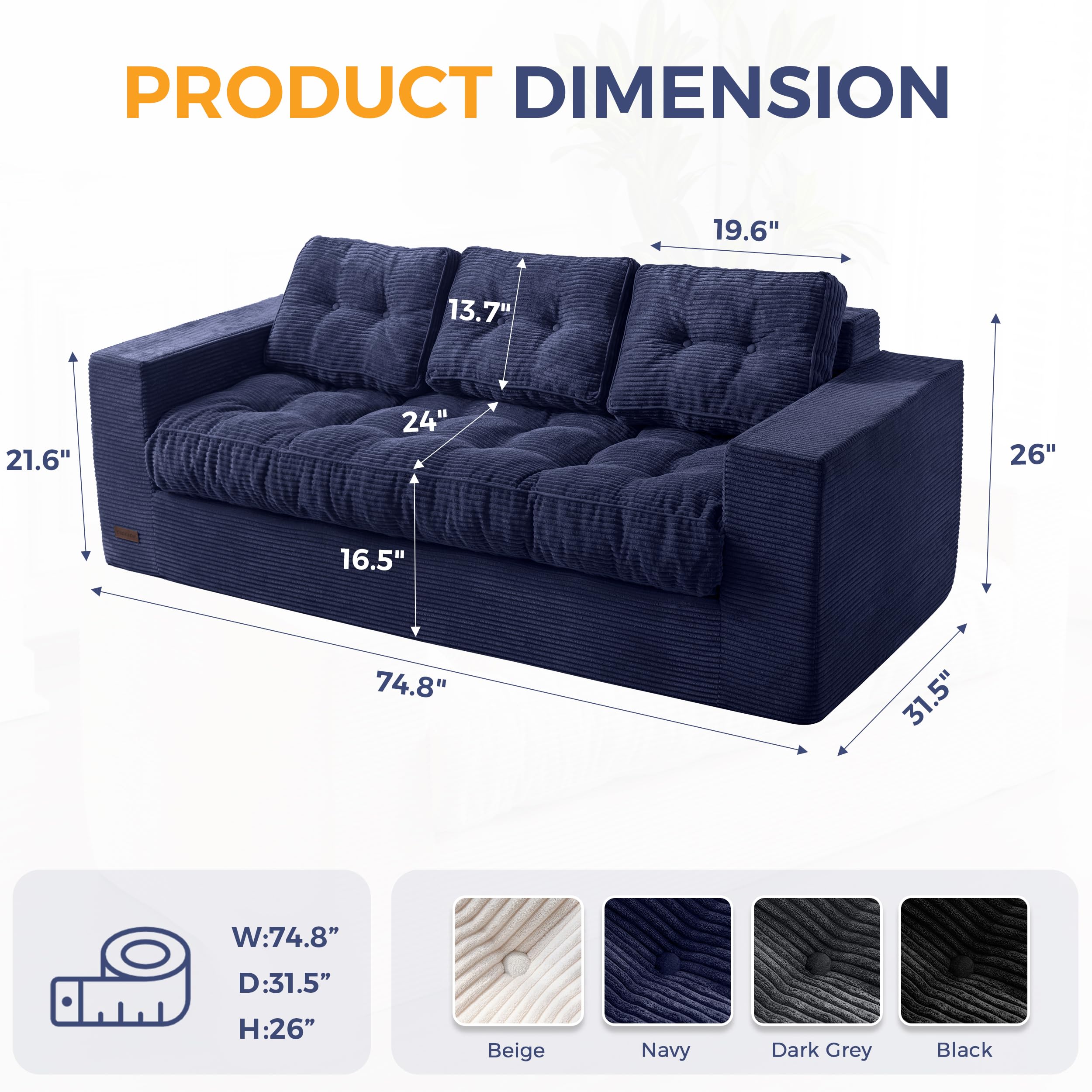 3 Seater Couch for Living Room, Boneless Couch with Tufted Cushion & Backrest, Upholstered Floor Sofa with Armrests, Sofa in A Box, No Assembly Required, Navy