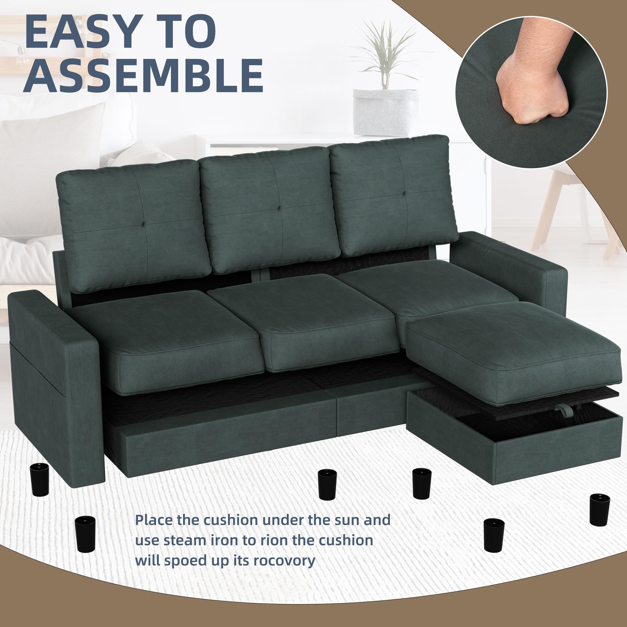 Convertible Sectional Couch, 3-Seat L-Shaped Sofa with Movable Ottoman, Polyester Fabric Sofa for Living Room, Apartment, Office, Dark Green