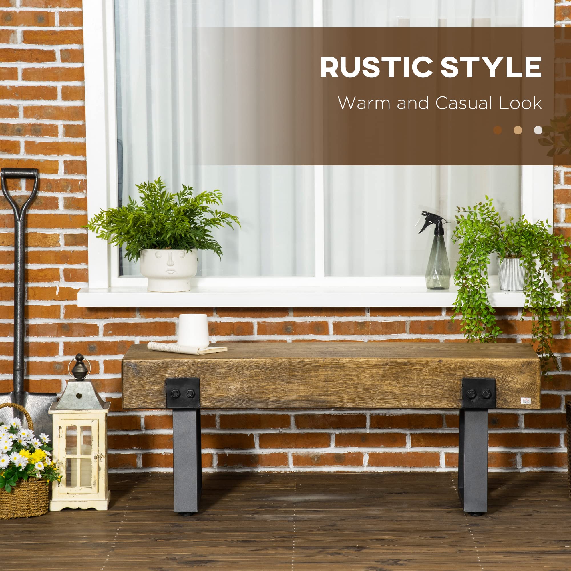 Garden Bench with Metal Legs, Rustic Wood-Effect Concrete Seat, Indoor/Outdoor Entryway Bench for Patio, Porch, Park, Natural & Black