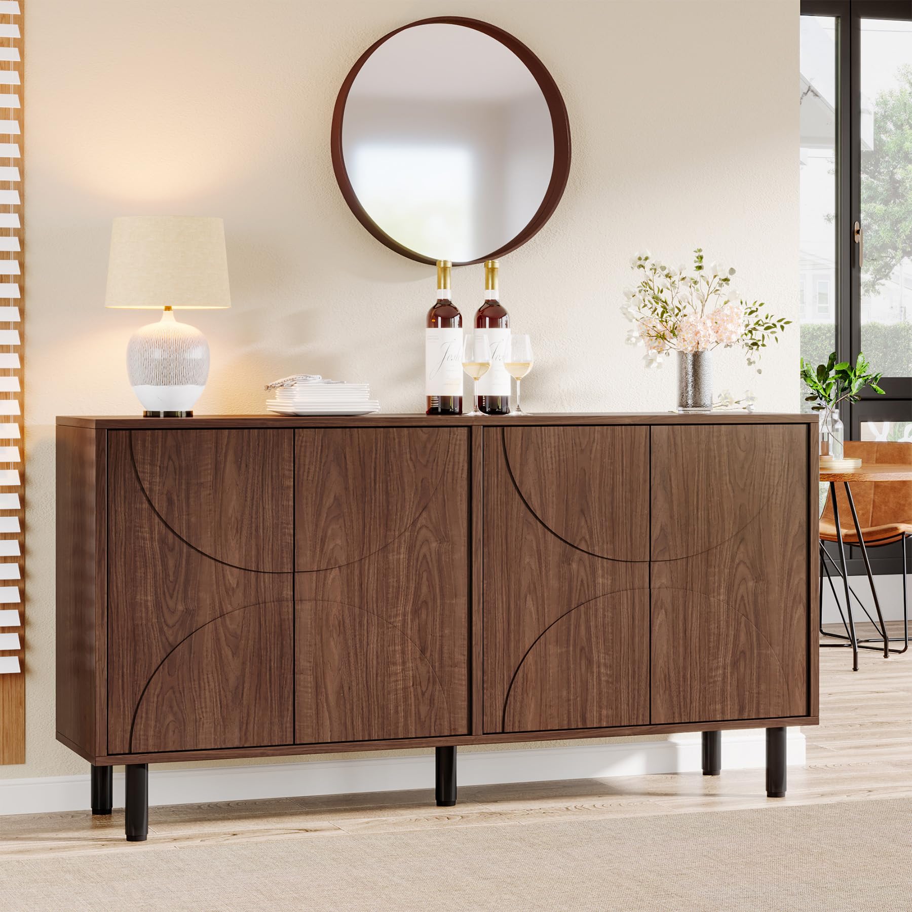 Sideboard Buffet Cabinet with Storage, 55" Mid-Century Modern Credenza Accent Storage Cabinet with 4 Doors and Adjustable Shelves for Dining