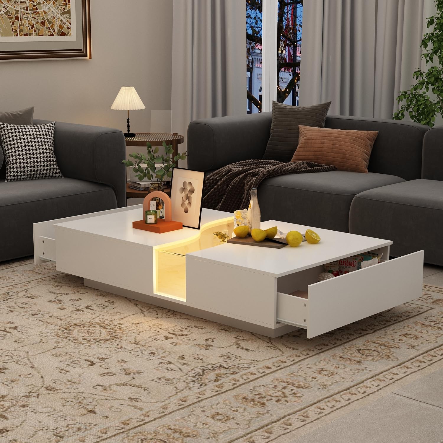 Modern LED Coffee Table with Remote, 2 Drawers & Tempered Glass Top, 55.1" White Rectangle Center Table for Living Room & Reception