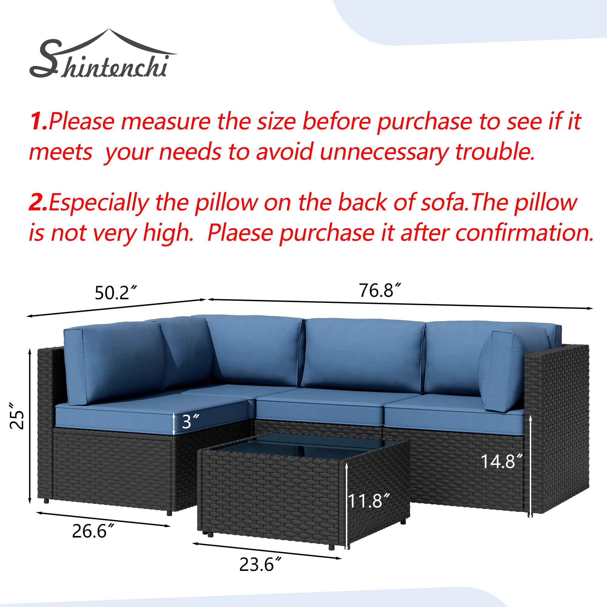 5 Pieces Outdoor Patio Sectional Sofa Couch, PE Wicker Furniture Set with Cushions and Glass Coffee Table for Garden, Poolside, Backyard, Blue