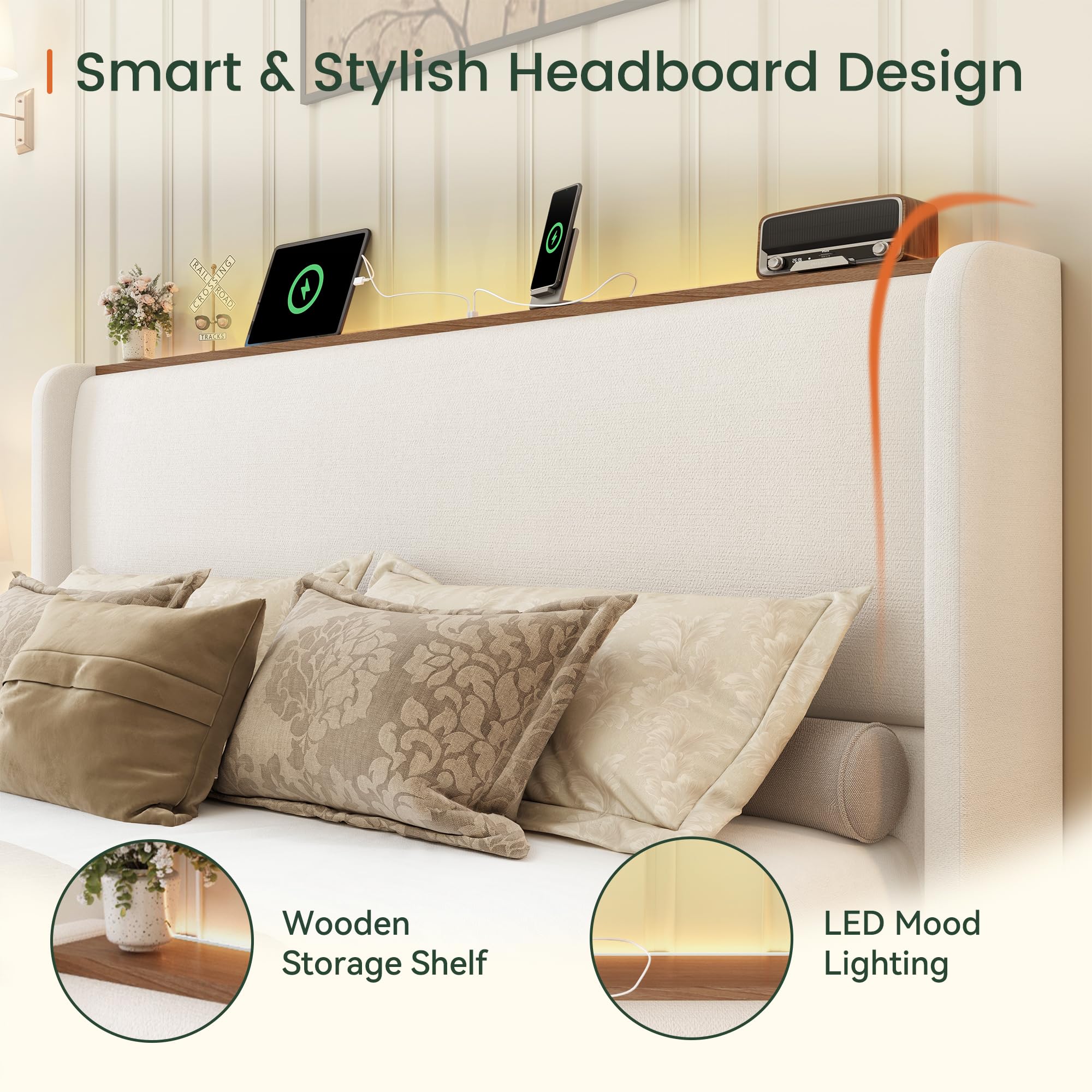 King Size Bed Frame with LED Lights and Charging Station Linen Upholstered  with 51.2" Tall Wingback Headboard and Storage Shelf, , , Beige
