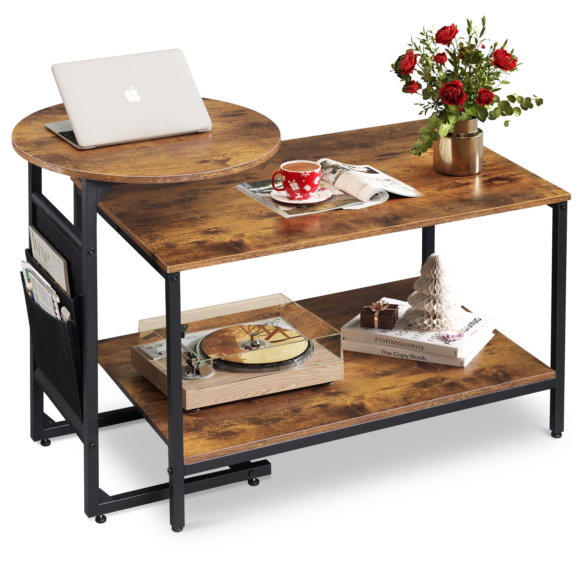 Set of 2 Coffee Tables, 31.3" & 18.7" Modern Center & Side Table with Storage Pouch for Living Room, Bedroom, Apartment, Rustic Brown