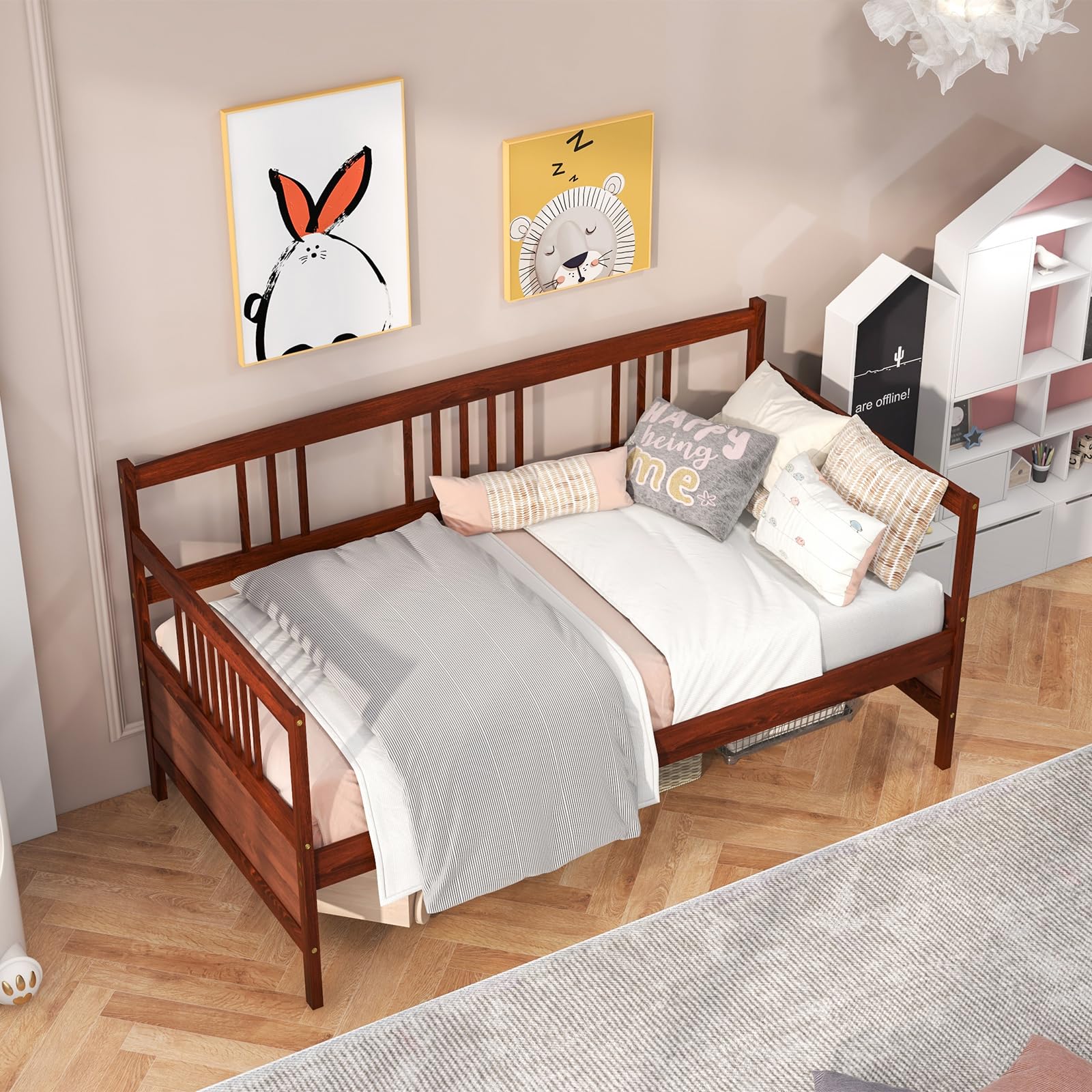 Twin Daybed Frame, Wooden Sofa Bed with Rails & Slat Support, Dual-Use Platform Bed for Bedroom or Living Room, No Box Spring Needed, Cherry