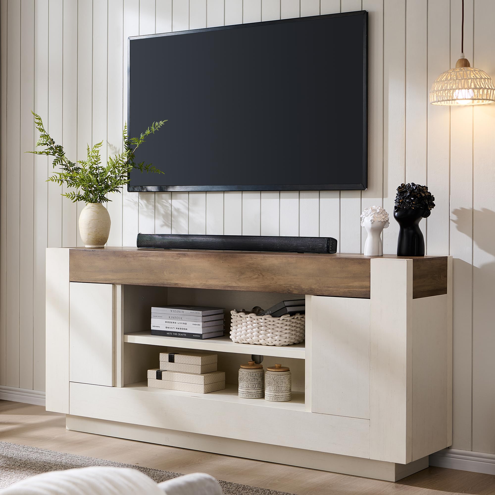 Modern 70" TV Stand, Entertainment Center for TVs up to 80", Media Console with Open Storage & Side Cabinets, Thick Wood Design, Antique White