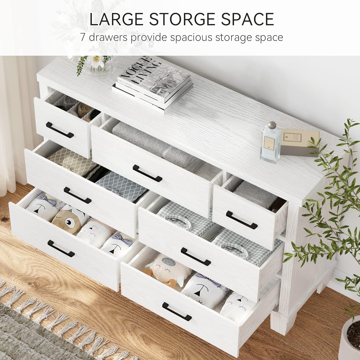 7-Drawer Modern Dresser with Metal Handles, Wooden Chest of Drawers Organizer for Bedroom & Living Room, White Finish