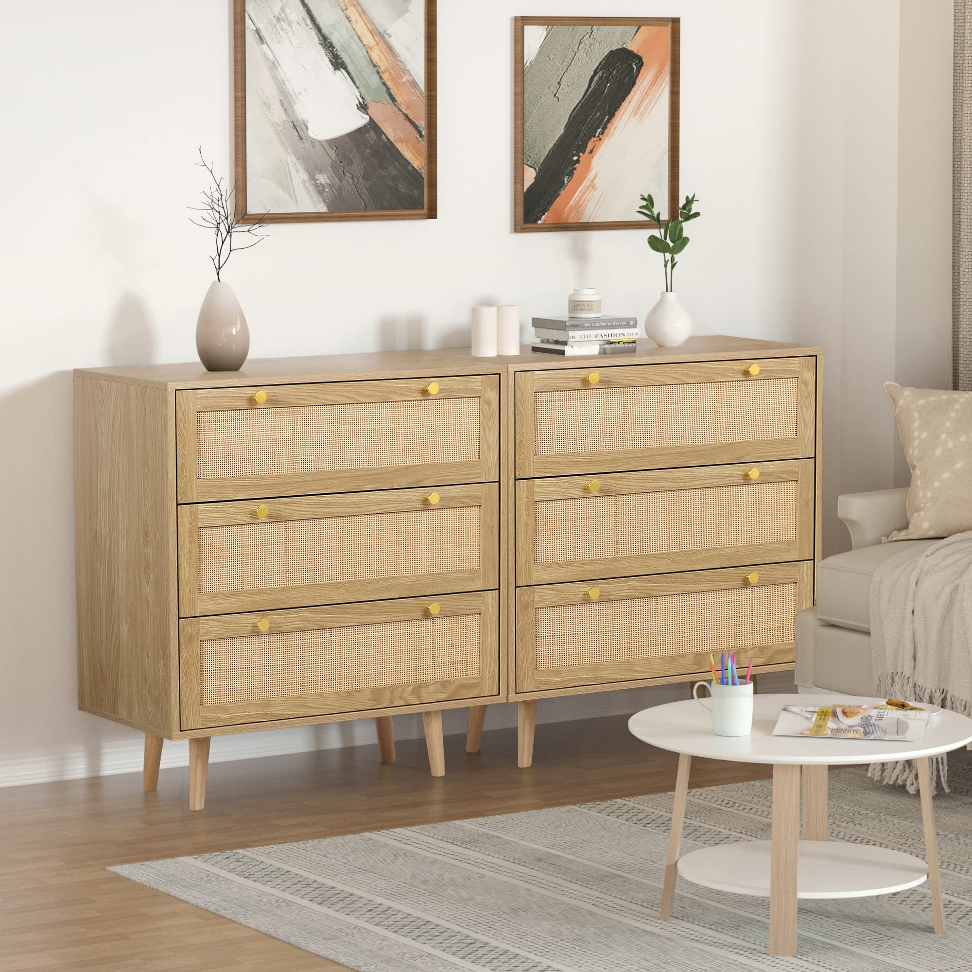 3 Drawer Dresser for Bedroom, Rattan Dresser Modern Wood Chest of Drawers with Spacious Storage for Bedroom Hallway Living Room, Rustic Oak, H0027