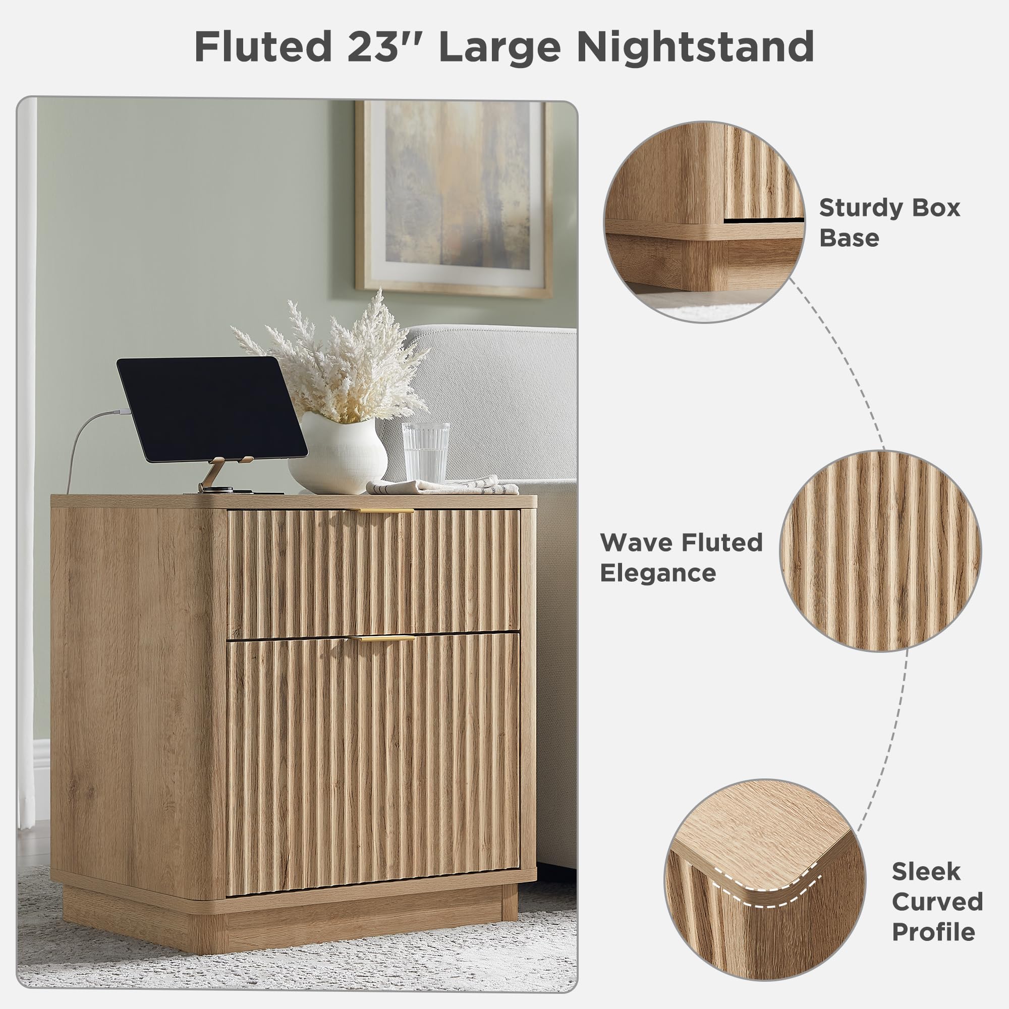 23" Fluted Nightstand with Charging Station, 2-Drawer Bedside Table, Modern End Table for Bedroom & Living Room, Natural Oak Finish
