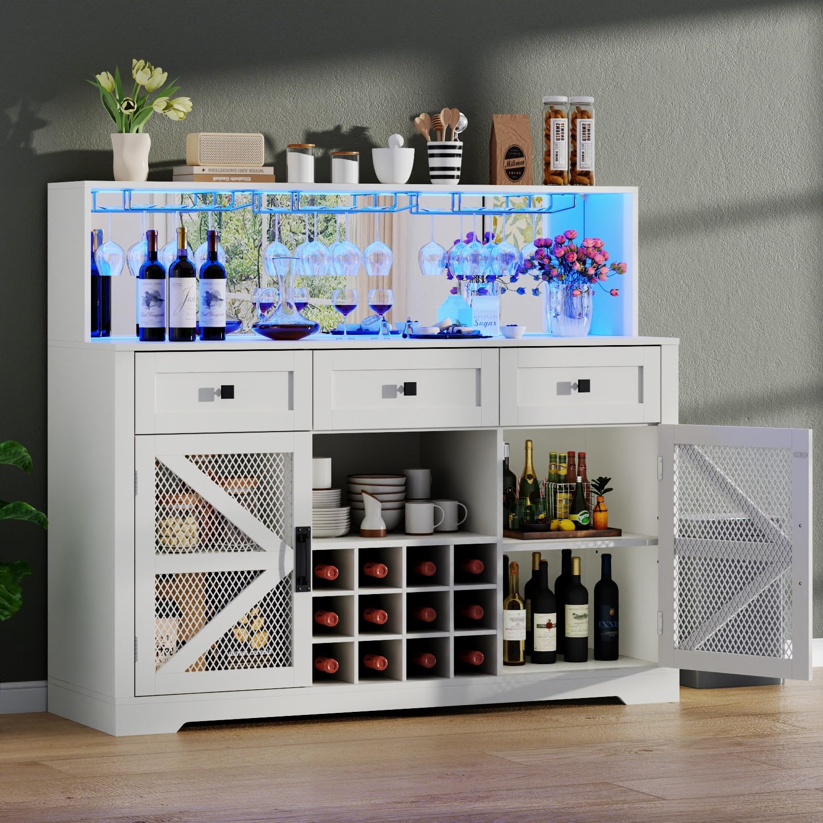 Wine Bar Cabinet with LED Light, Kitchen Buffet with Storage Cabinet & 3 Sliding Drawers, Adjustable Shelf, Goblet Holder, Acrylic Mirror