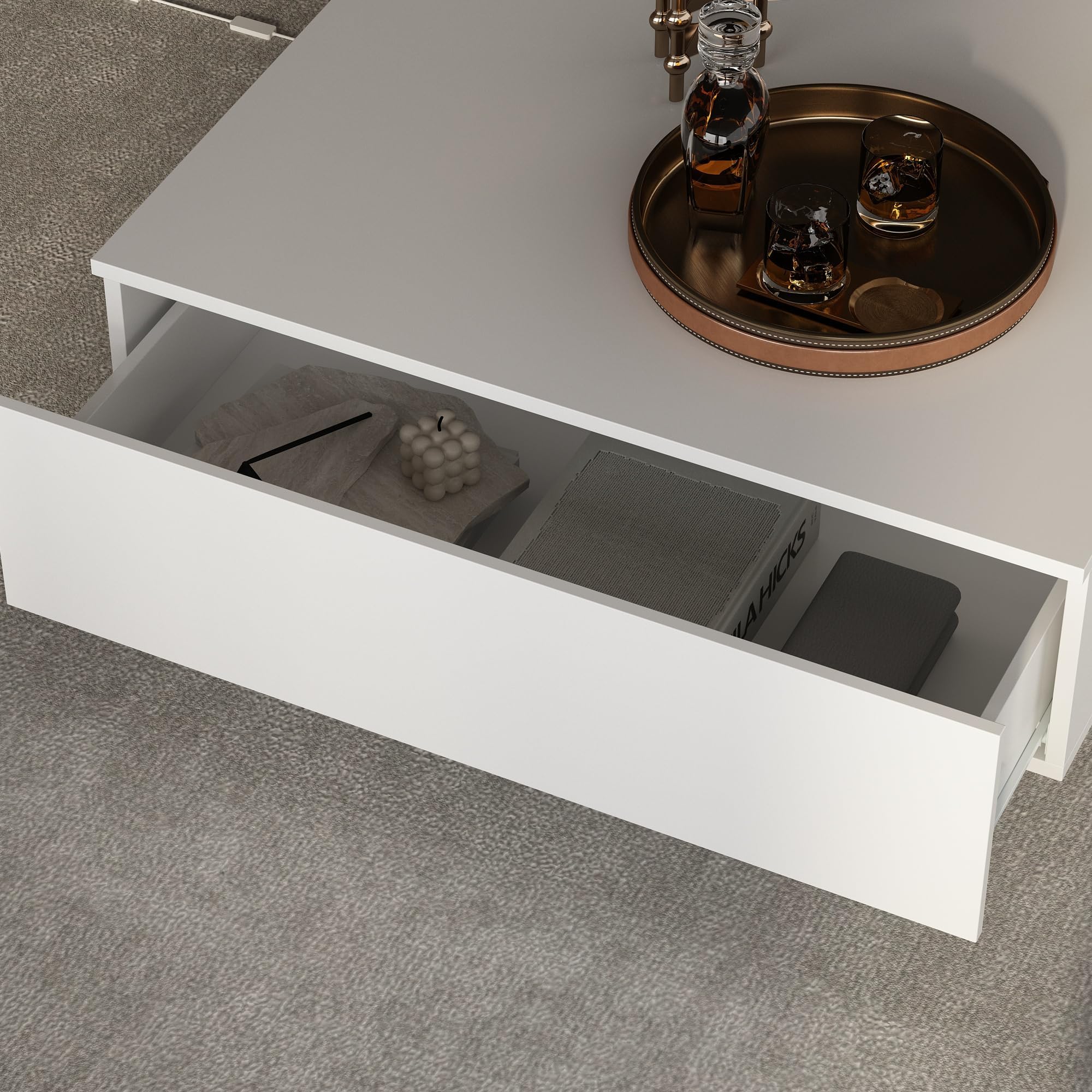 Modern LED Coffee Table with Remote, 2 Drawers & Tempered Glass Top, 55.1" White Rectangle Center Table for Living Room & Reception