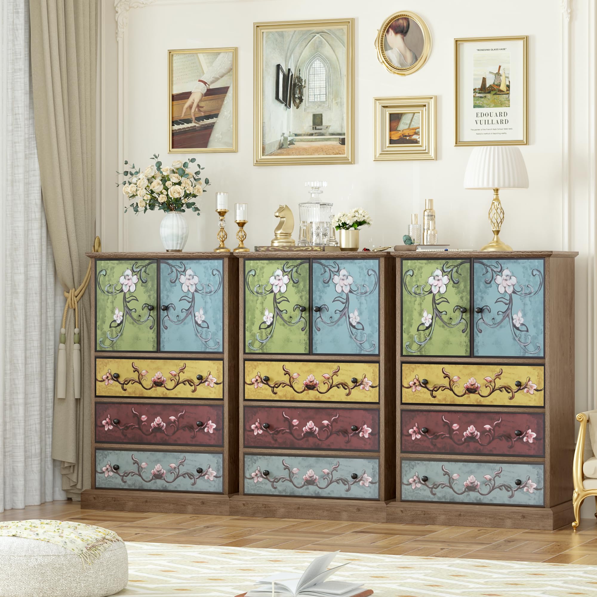 Wood Chest of Drawers, Tall Boho Dresser with Drawers and Doors, 16.1D x 23.6W 42.3H Inch Wood Accent Dresser for Home Office