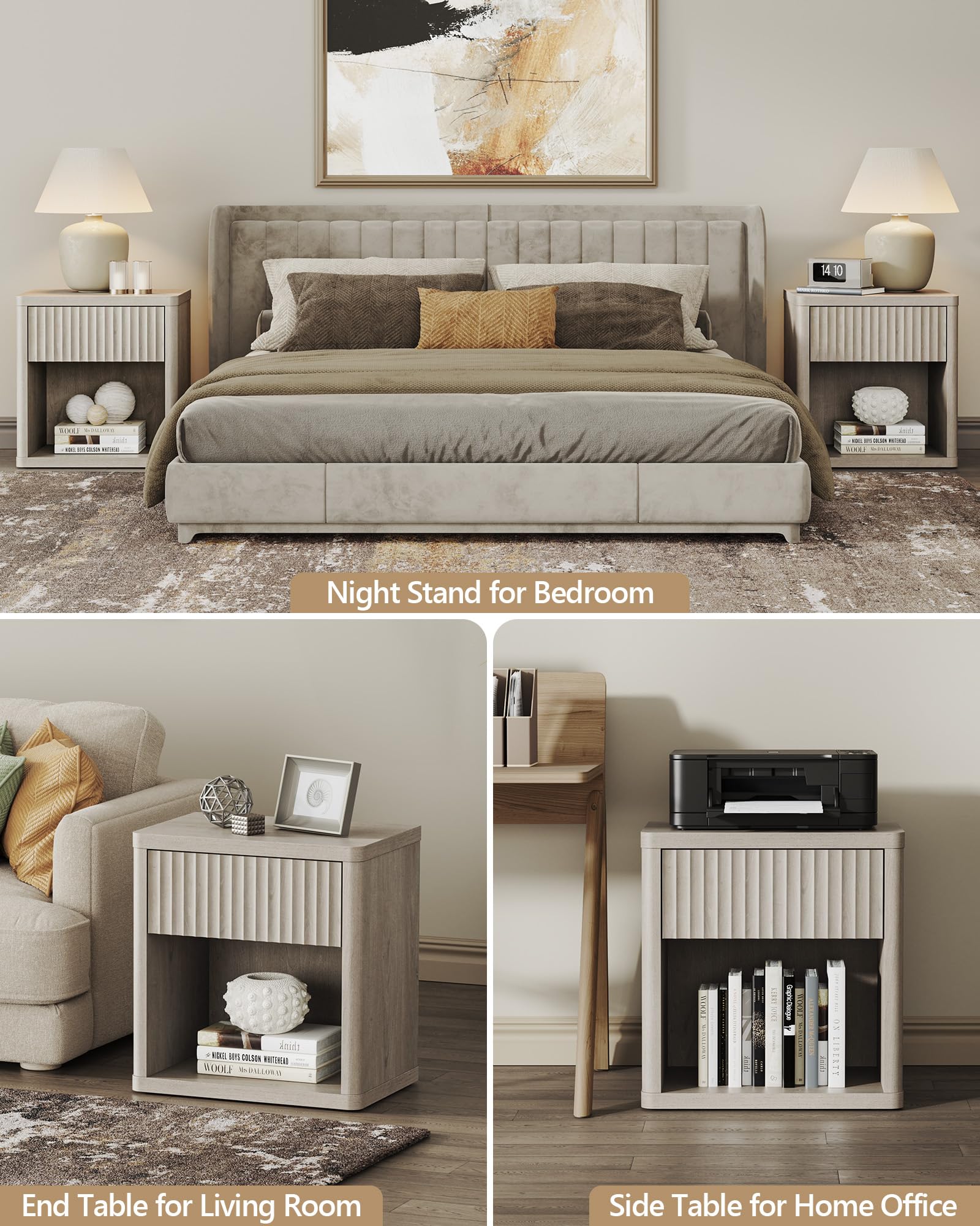 Set of 2 Modern Nightstands with Drawer Storage, Fluted Bedside Tables, Wide Mid-Century End Tables for Bedroom, Living Room, White Alder