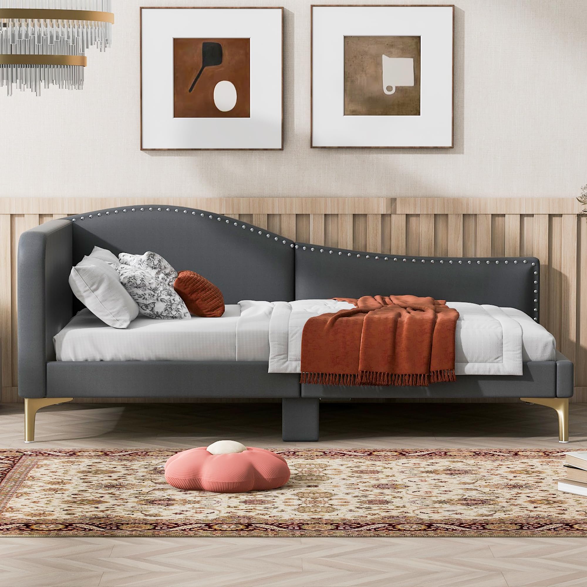 Furni Hub Twin Size Upholstered Daybed with Headboard and Armrest, Grey Bed Frame with Support Legs