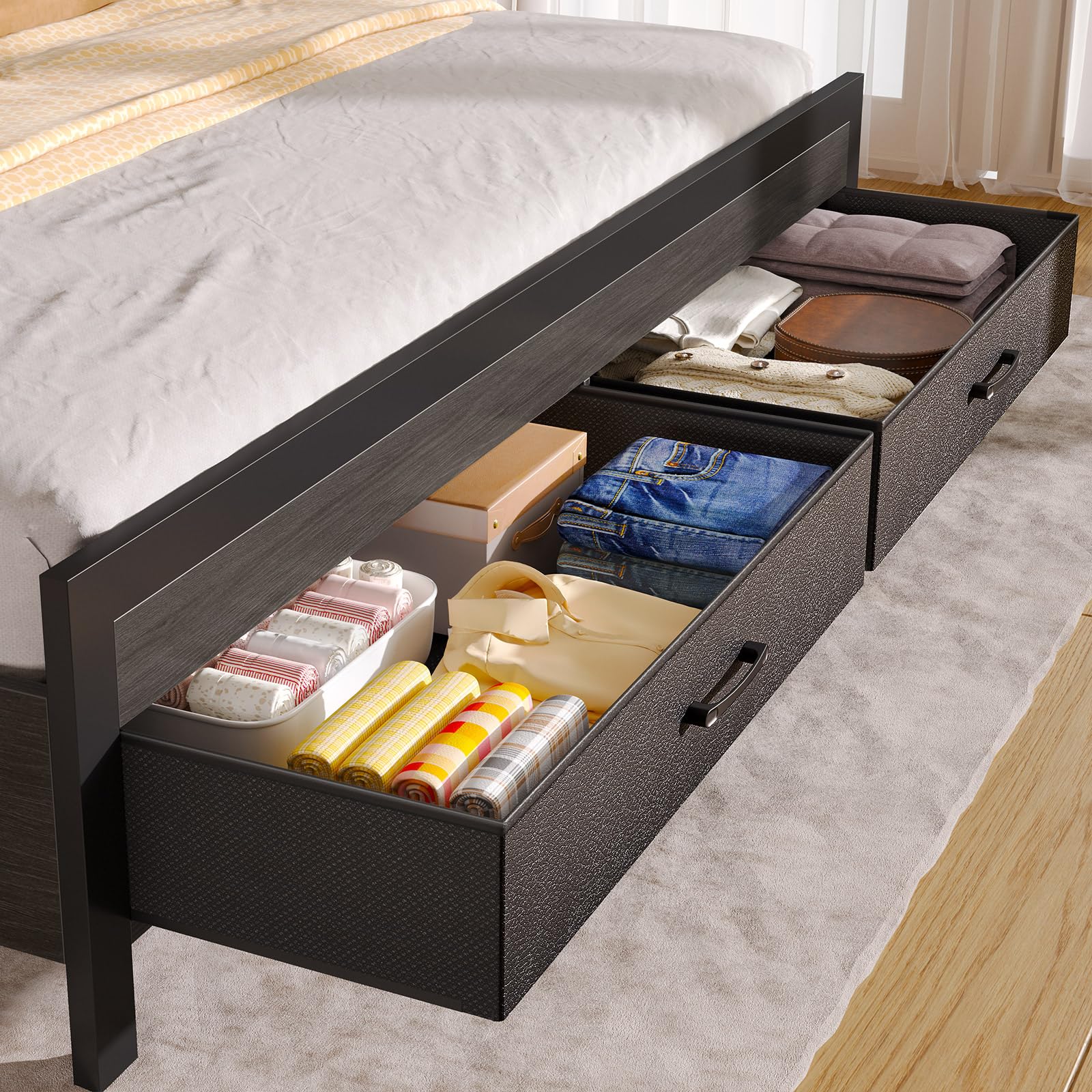 Twin Upholstered Platform Bed Frame with LED Light, Charging Station, Storage Headboard & 2 Drawers, No Box Spring Needed – Black