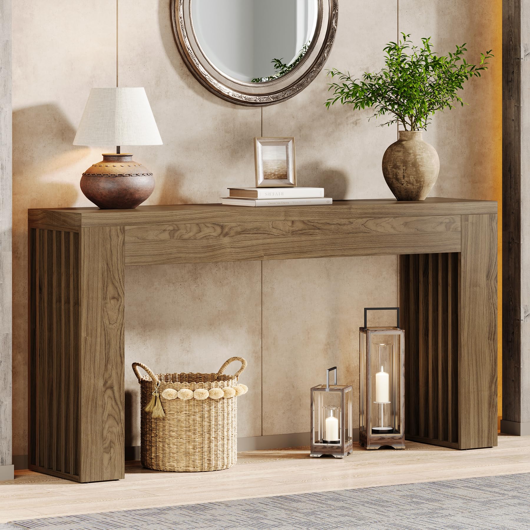59-Inch Long Wooden Console Sofa Table Behind Couch with Vertical Slat Legs, Entryway Table for Hallway, Entrance, Living Room, Rustic Brown