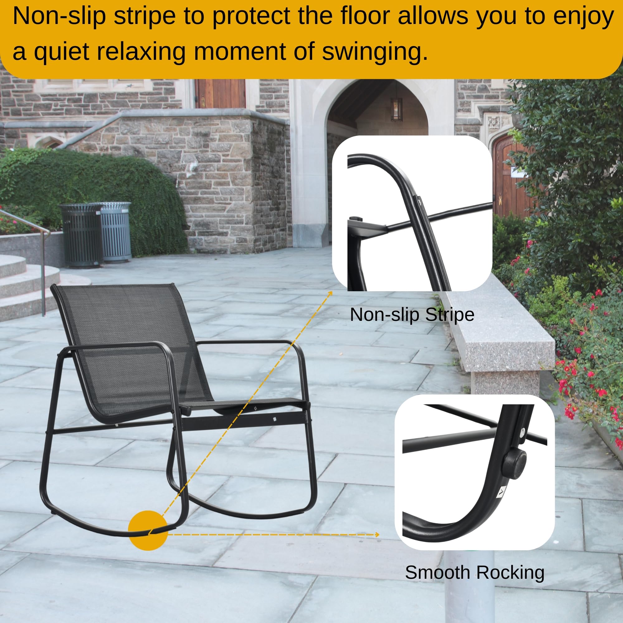 4-Piece Patio Furniture Set, Textilene Conversation Set with 2 Rocking Chairs and Tempered Glass Coffee Table, Perfect for Indoor Patio Lawn Garden Poolside, Black