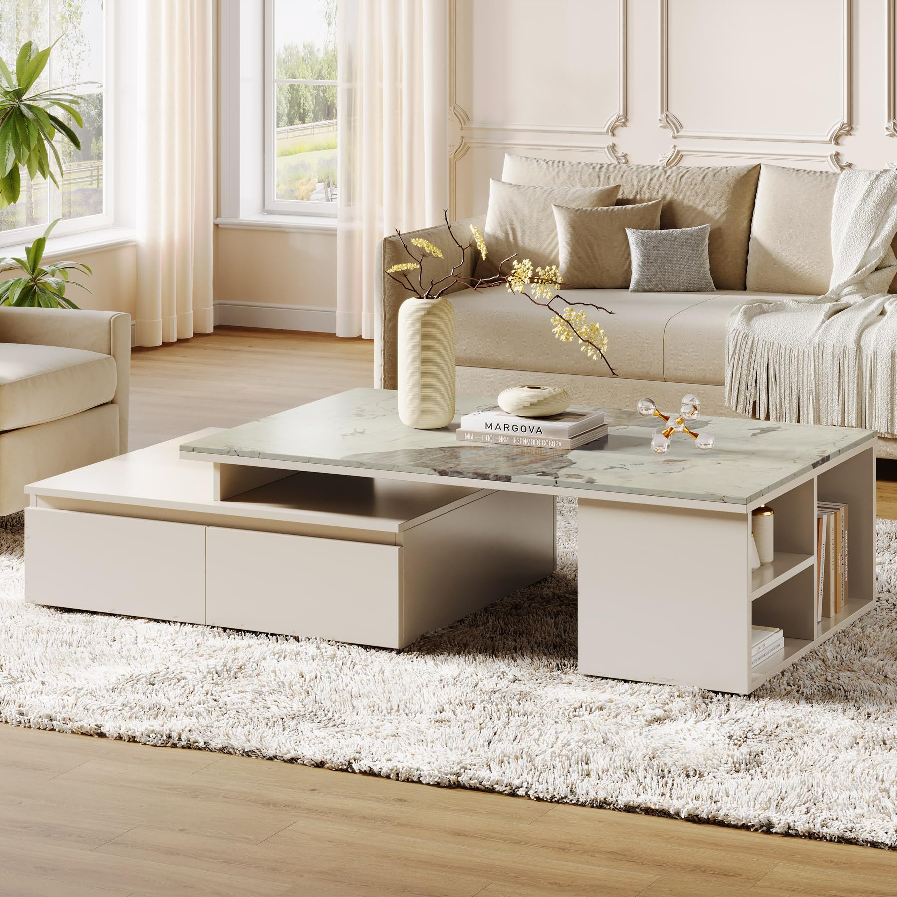 Extendable Tabletop Coffee Table with 4 Drawers & Storage Shelf, Modern from 51-Inch to 71-Inch Center Table for Living Room, Faux Marble Veneer