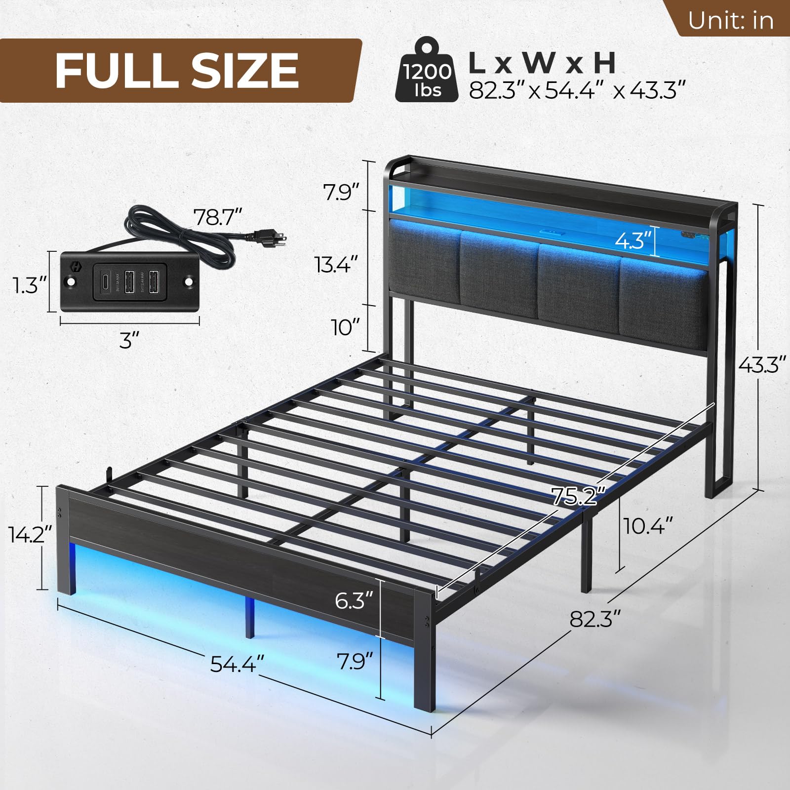 Full Size Bed Frame with LED Lights & Charging Station, Upholstered Headboard with Storage, Metal Slats, Dark Grey, No Box Spring