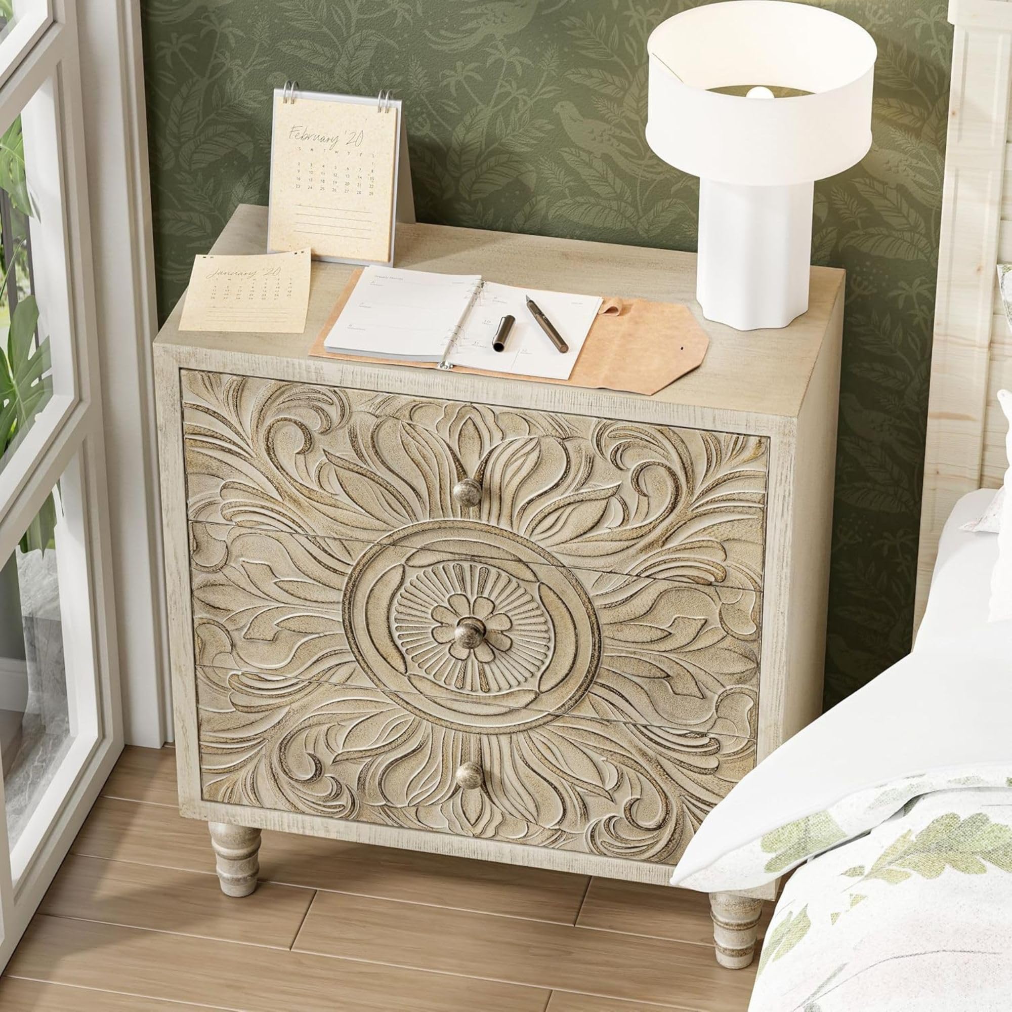 3 Drawer Dresser with Embossed Flower Motif Front, Distressed Boho Nightstand, Almost Fully Assembled, Rustic, French Country, Weathered White