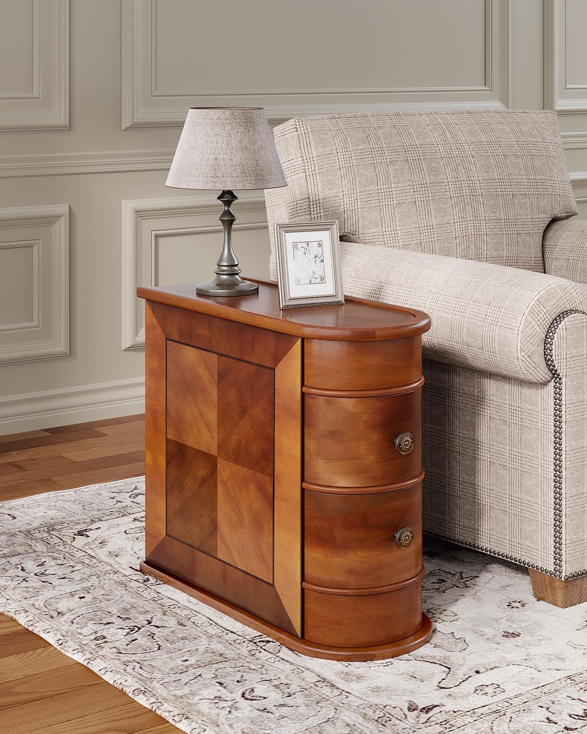 Wood End Table with 2 Drawers Sofa Side Table, No Assembly Required Vintage Slim Nightstand Bedside Table for Bedroom